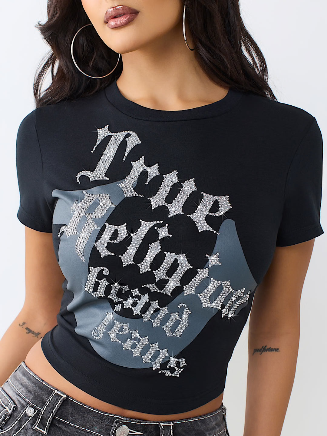 Women's True Religion Crystal Horseshoe Baby Tee Black