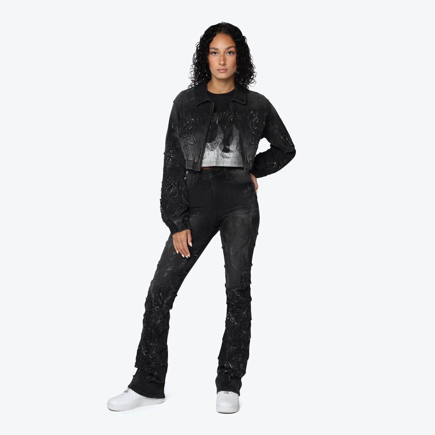 Women's Smoke Rise Denim Cropped Bomber Jacket Derby Black