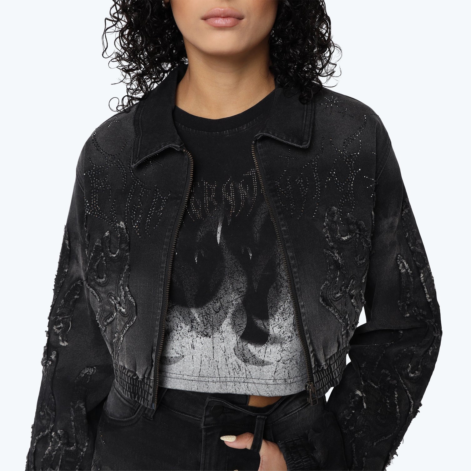 Women's Smoke Rise Denim Cropped Bomber Jacket Derby Black