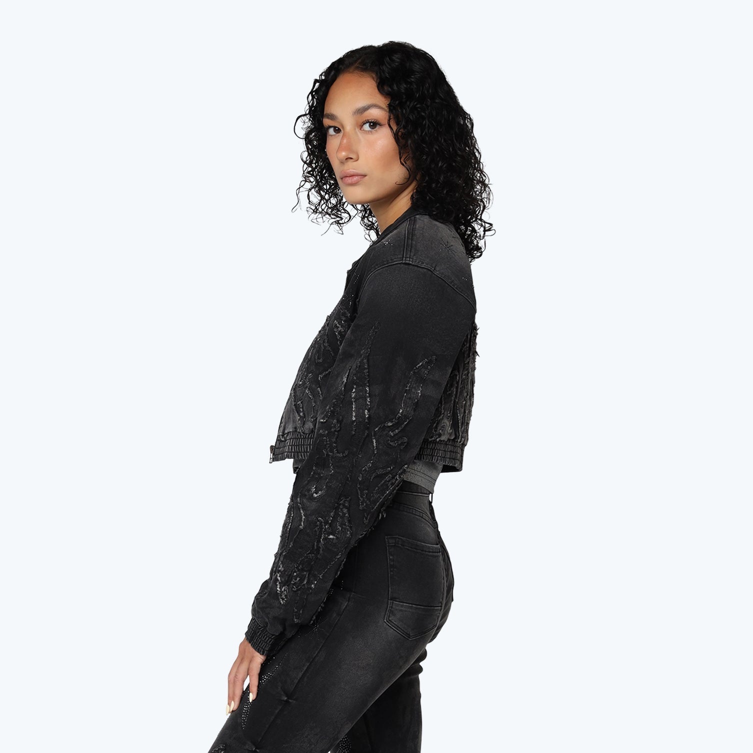 Women's Smoke Rise Denim Cropped Bomber Jacket Derby Black