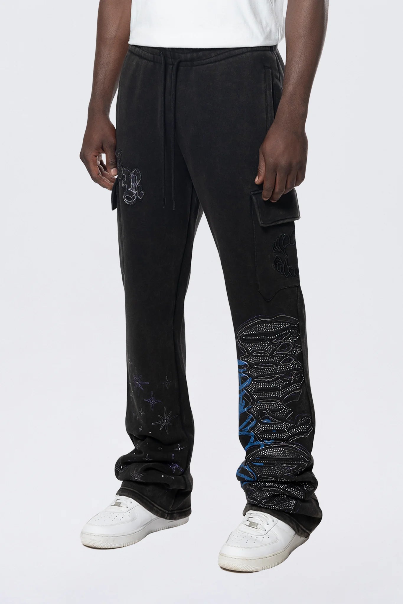 Men's Smoke Rise Stacked Rhinestone Dystopia Fleece Pants Black