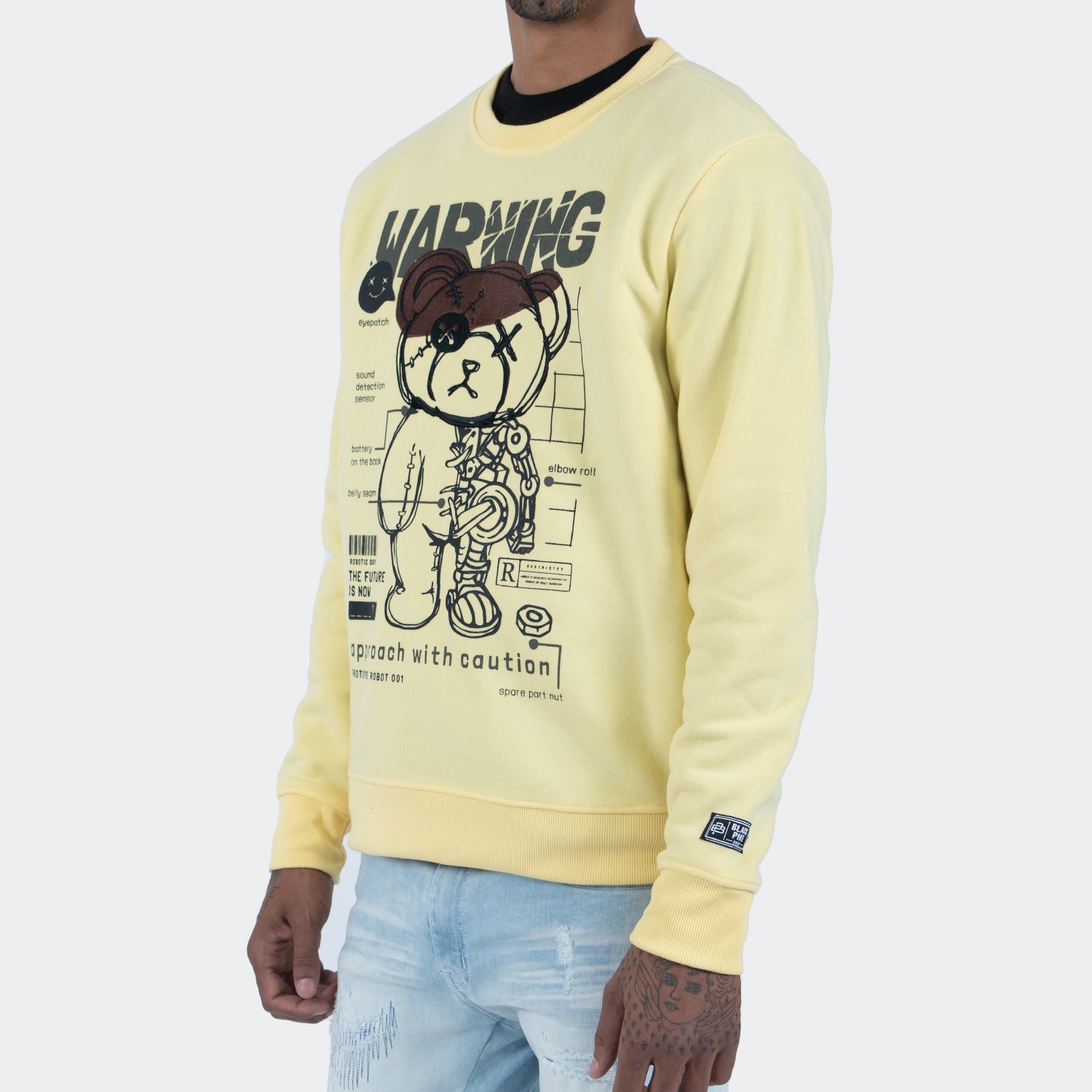 Men's TWO MILL TWENTY Android Teddy Bear Crewneck Sweatshirt Lemon Yellow