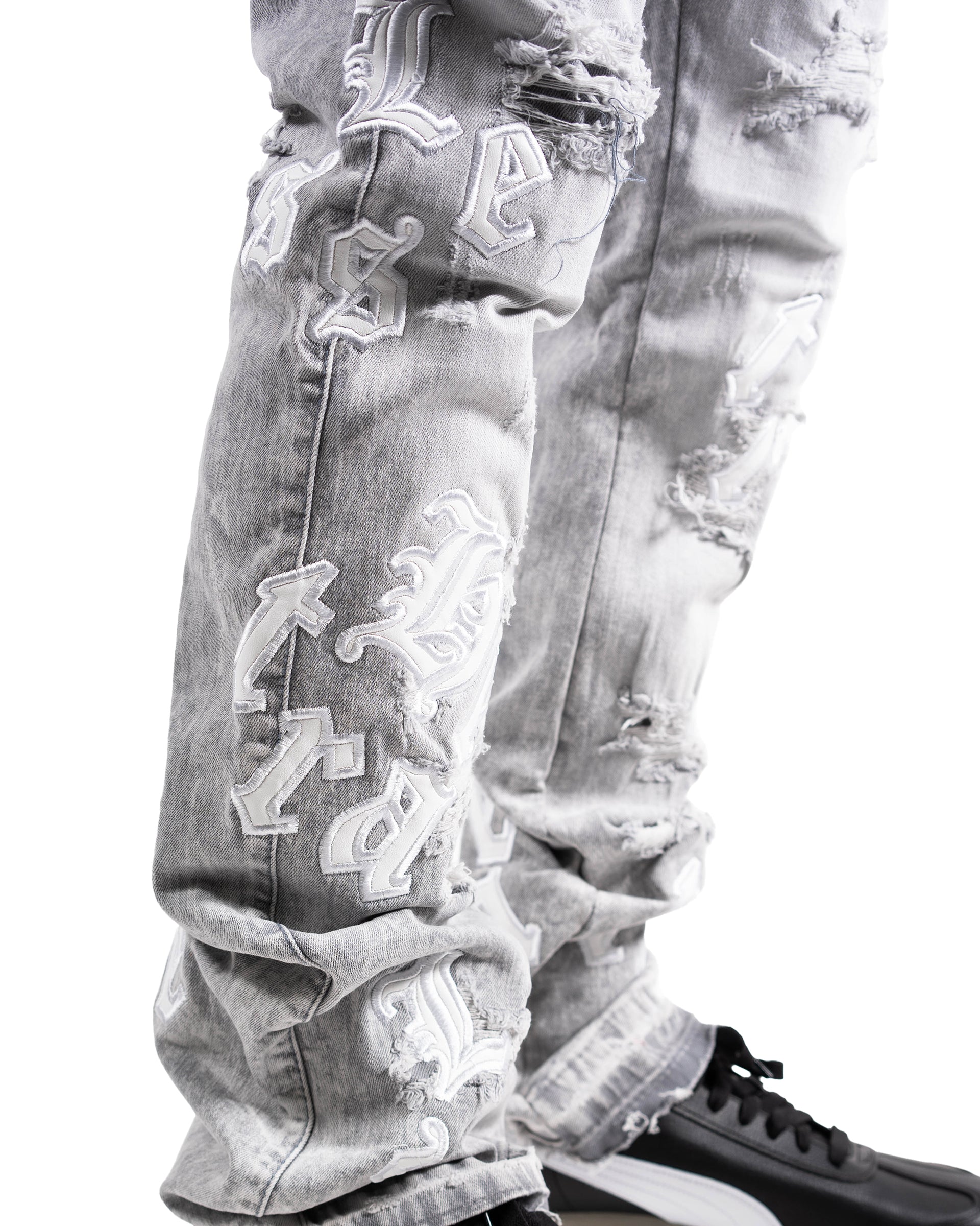 Men's TWO MILL TWENTY Letter Patch Flare Slim Jeans Light Grey