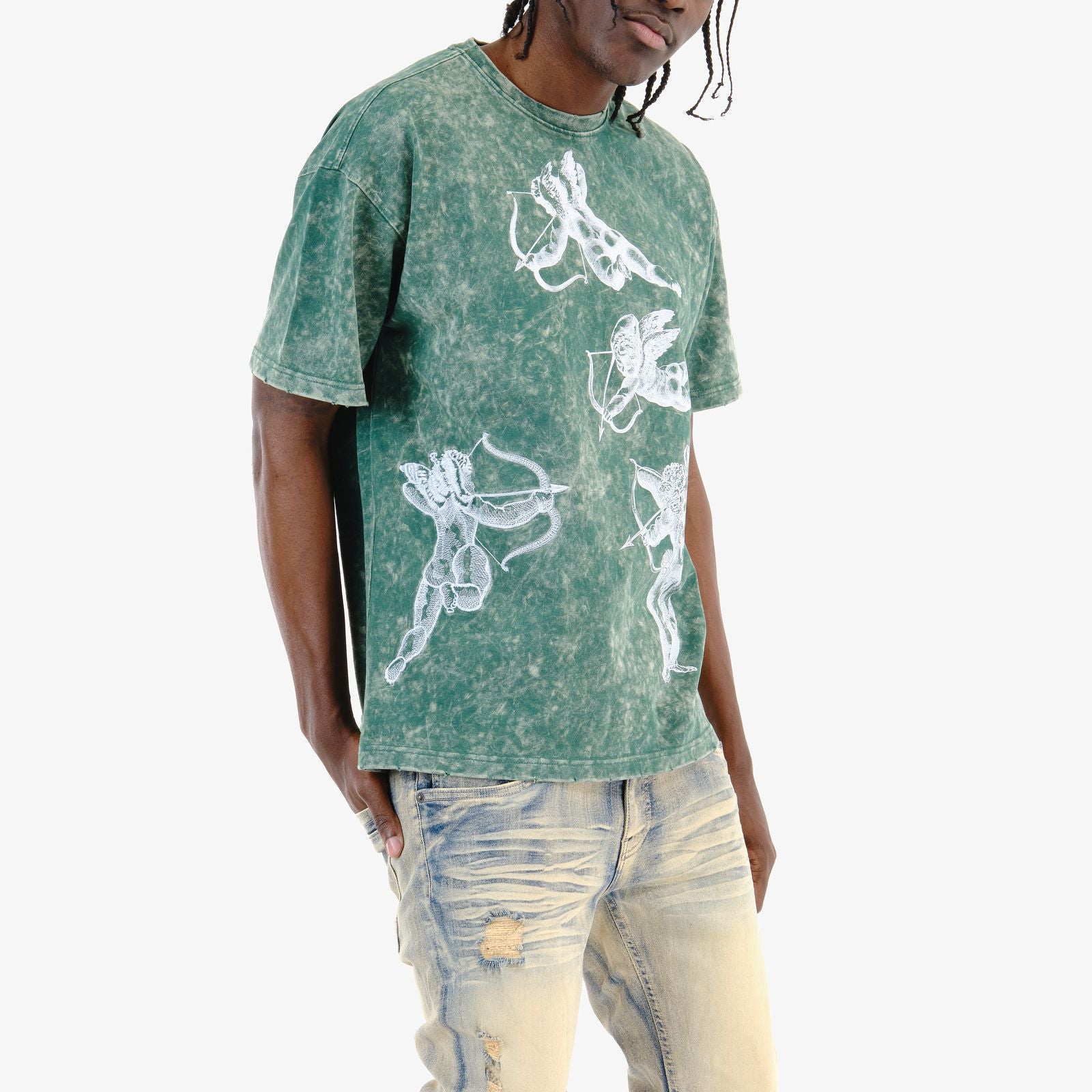 Men's Copper Rivet Acid Wash Cupid T-Shirt Green
