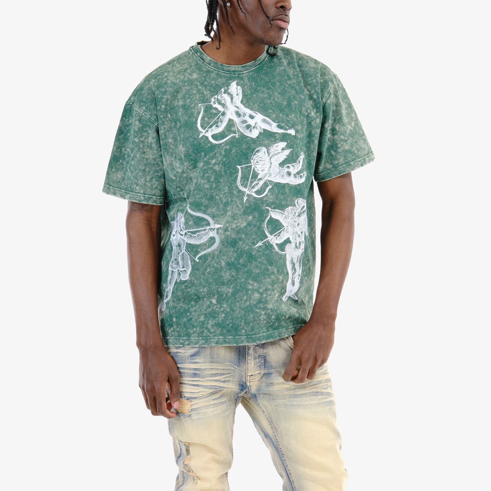 Men's Copper Rivet Acid Wash Cupid T-Shirt Green