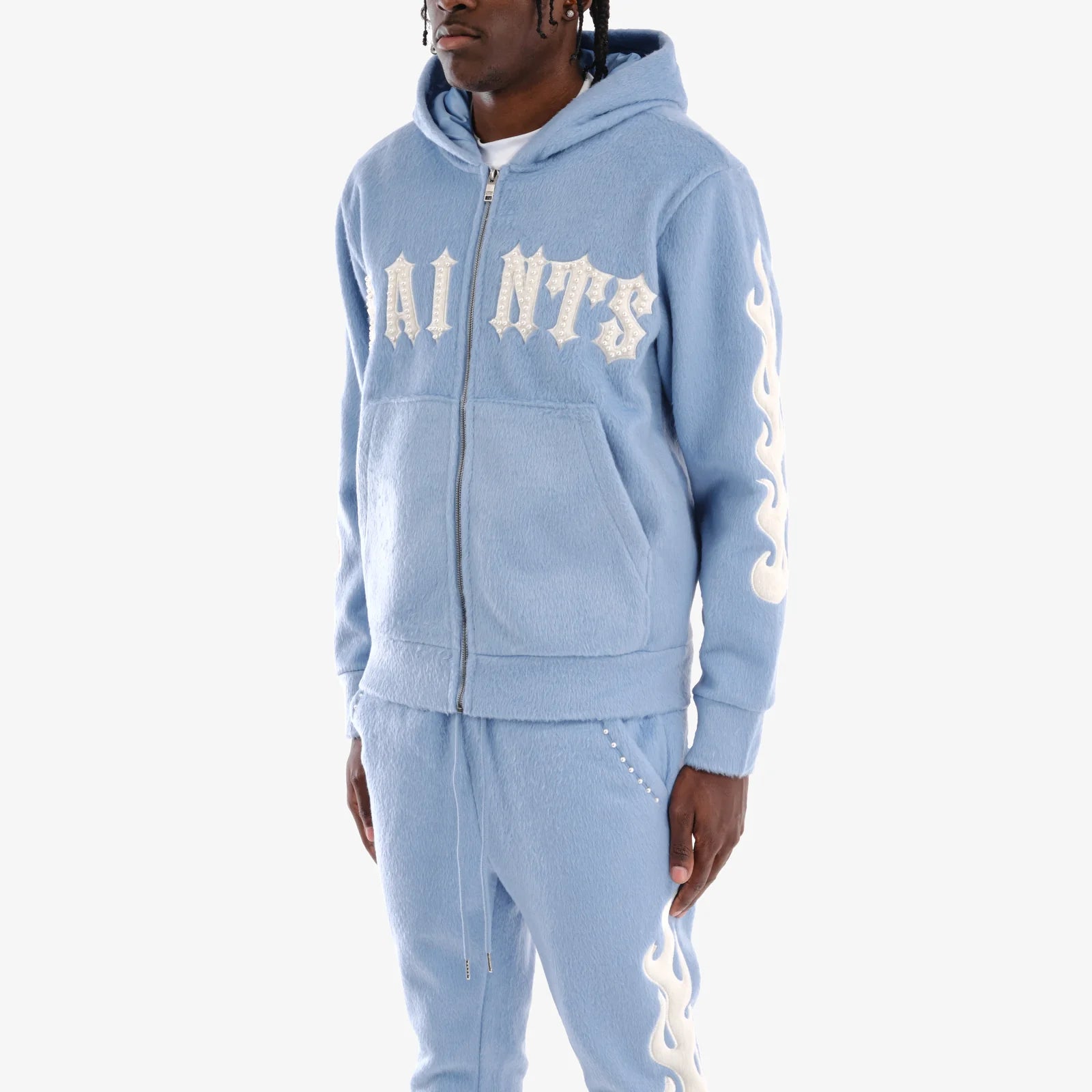 Men's Copper Rivet Saints Mohair Hoodie Pearl Details Light Blue