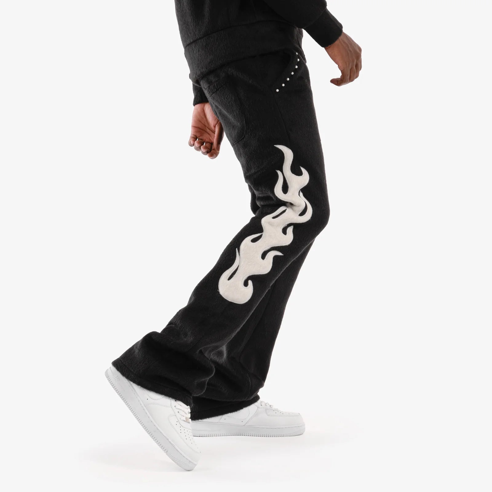 Men's Copper Rivet Saints Mohair Stacked Pants Pearl Details Black