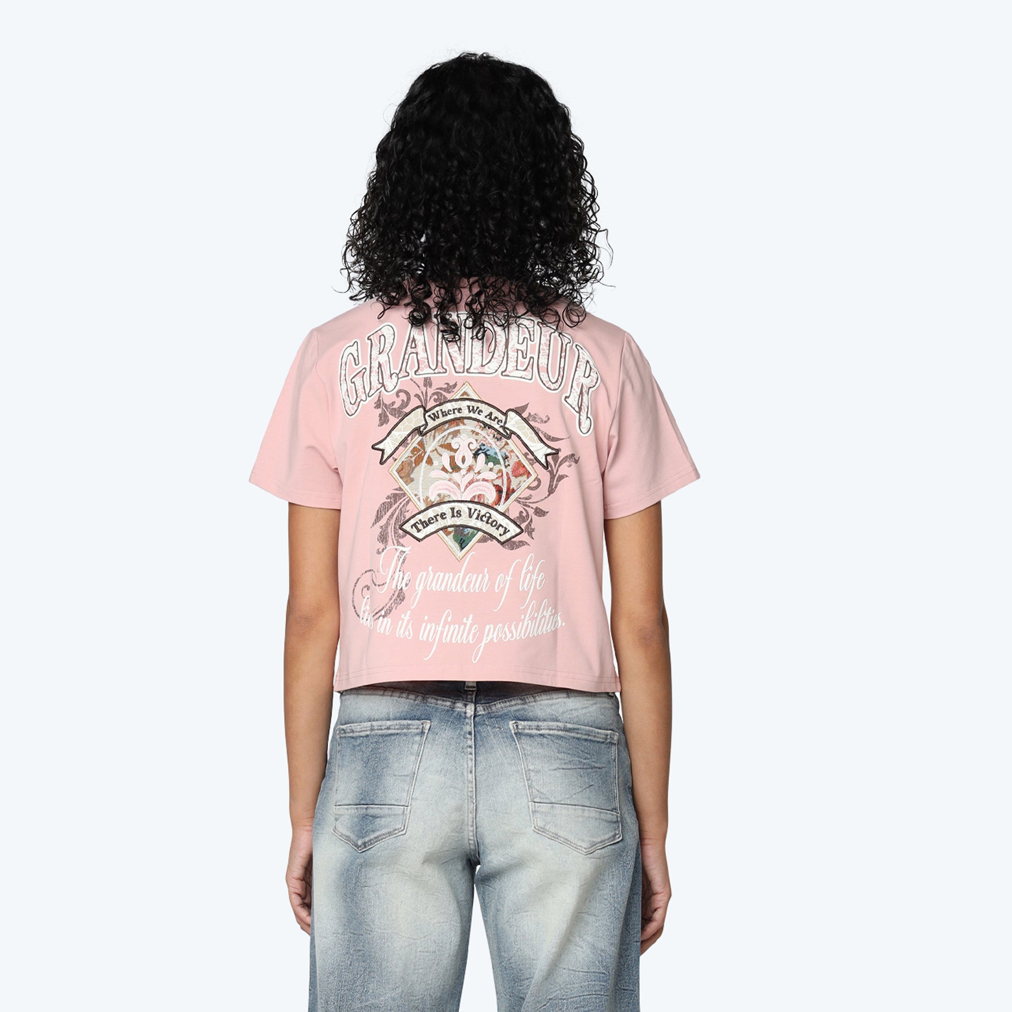 Women's Smoke Rise Cropped Tapestry Patched T-Shirt Silver Pink