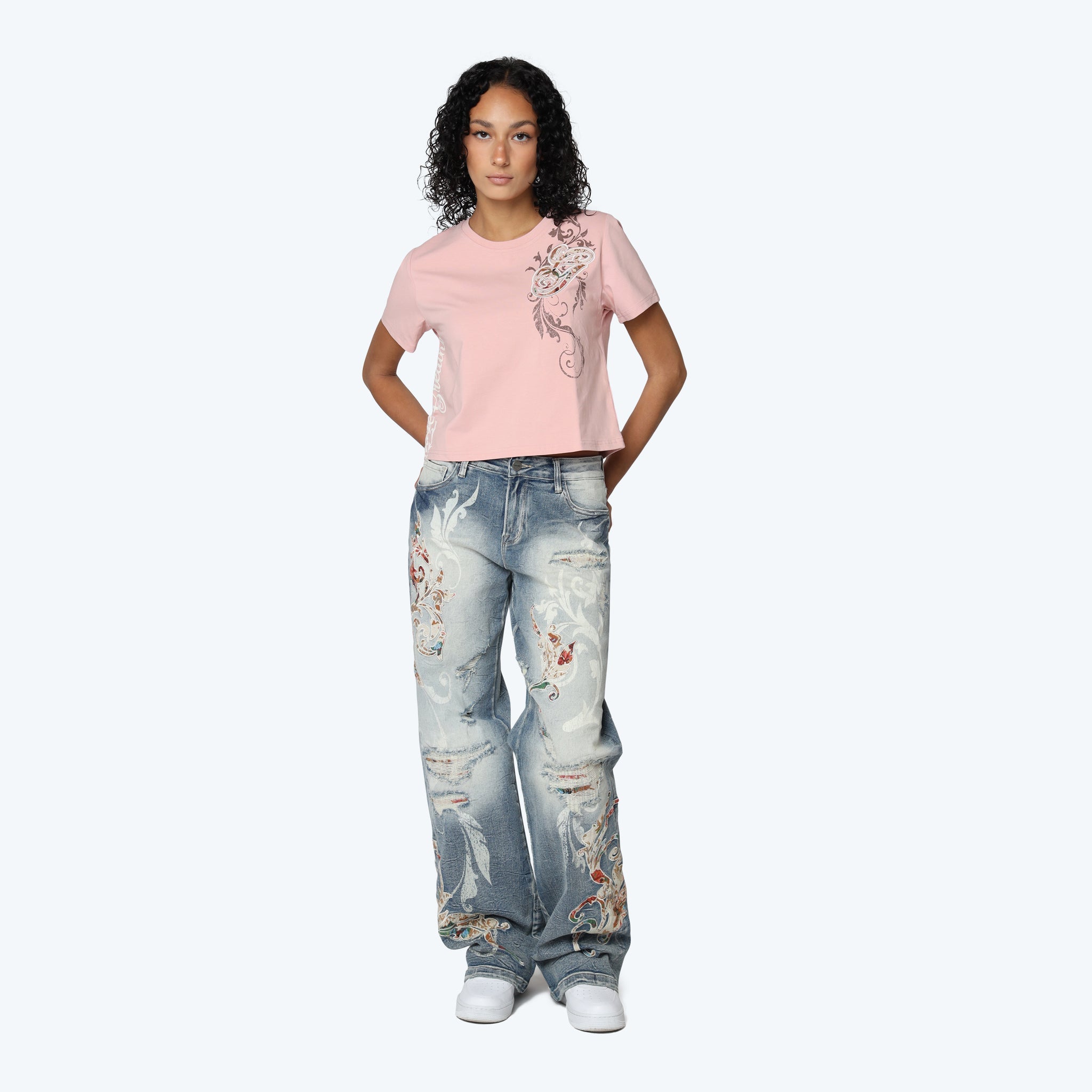 Women's Smoke Rise Cropped Tapestry Patched T-Shirt Silver Pink