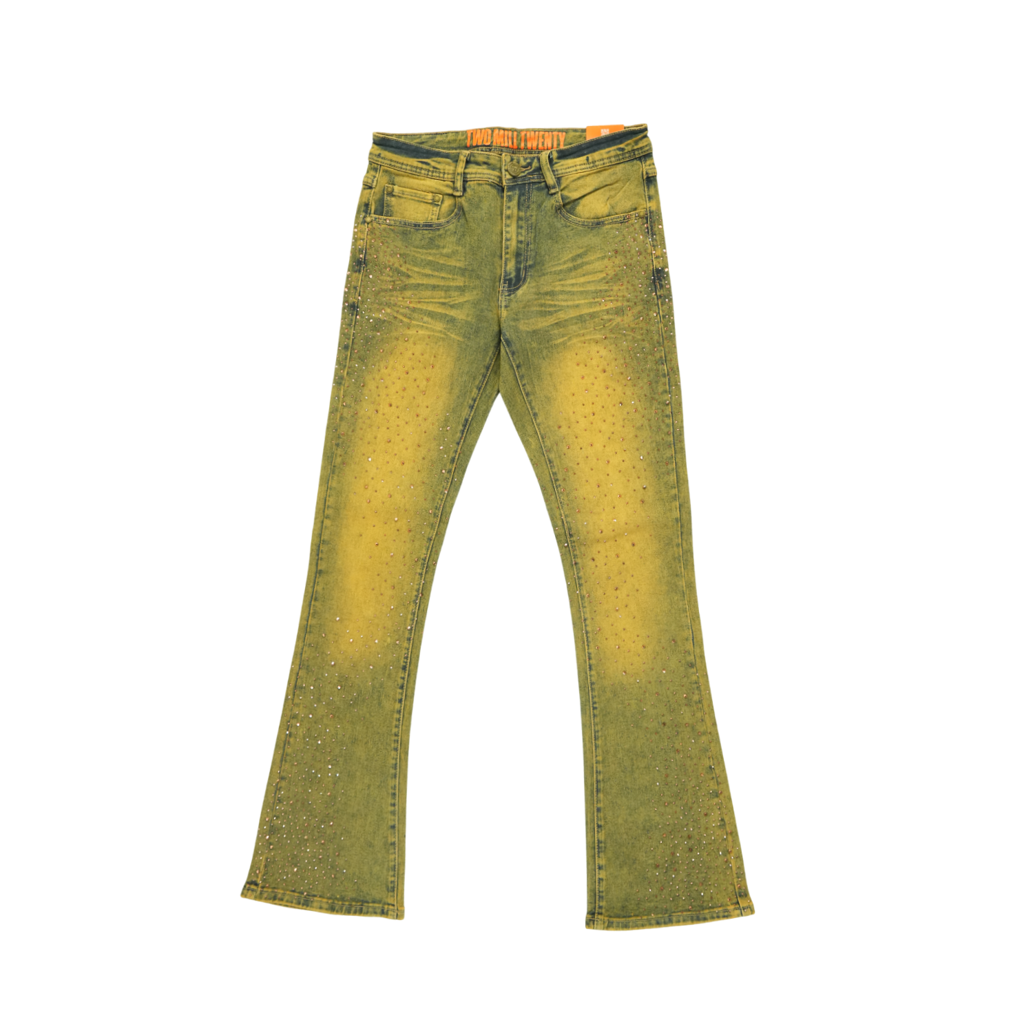 Men's TWO MILL TWENTY Flare Leg Red Rhinestone Jeans Antique Wash