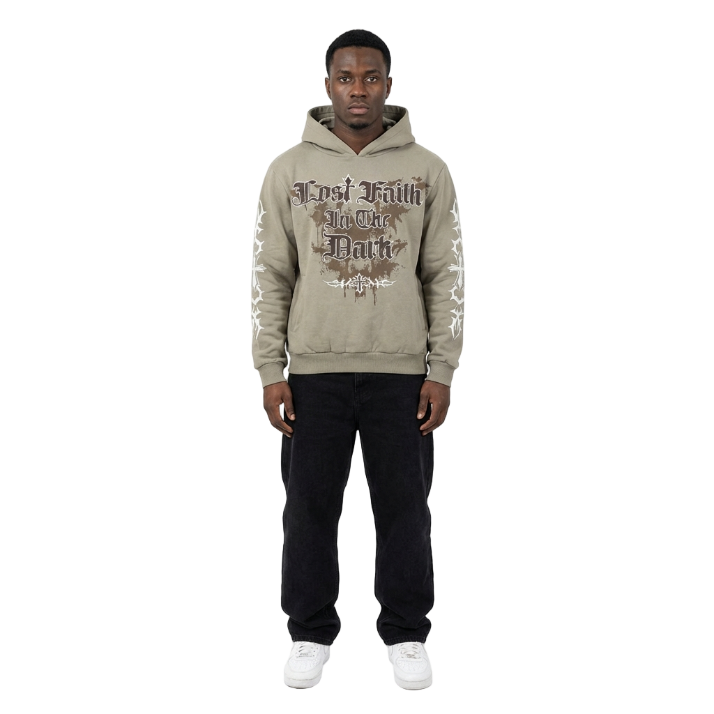 Men's TWO MILL TWENTY Lost Faith Gothic Hoodie Taupe Brown