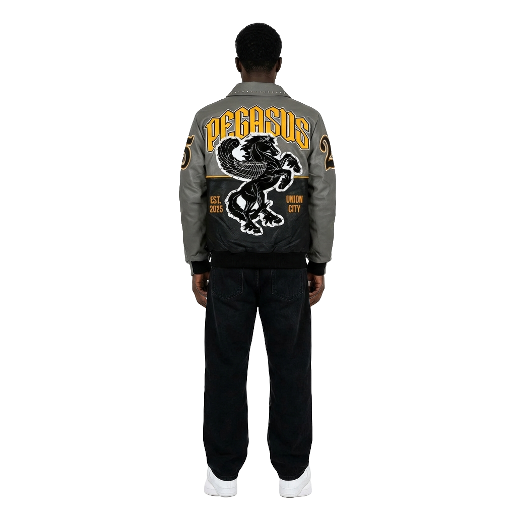 Men's TWO MILL TWENTY Pegasus Varsity Bomber Jacket Grey / Black