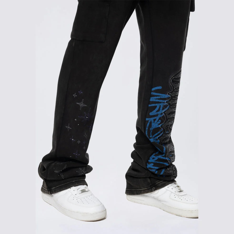 Men's Smoke Rise Stacked Rhinestone Dystopia Fleece Pants Black