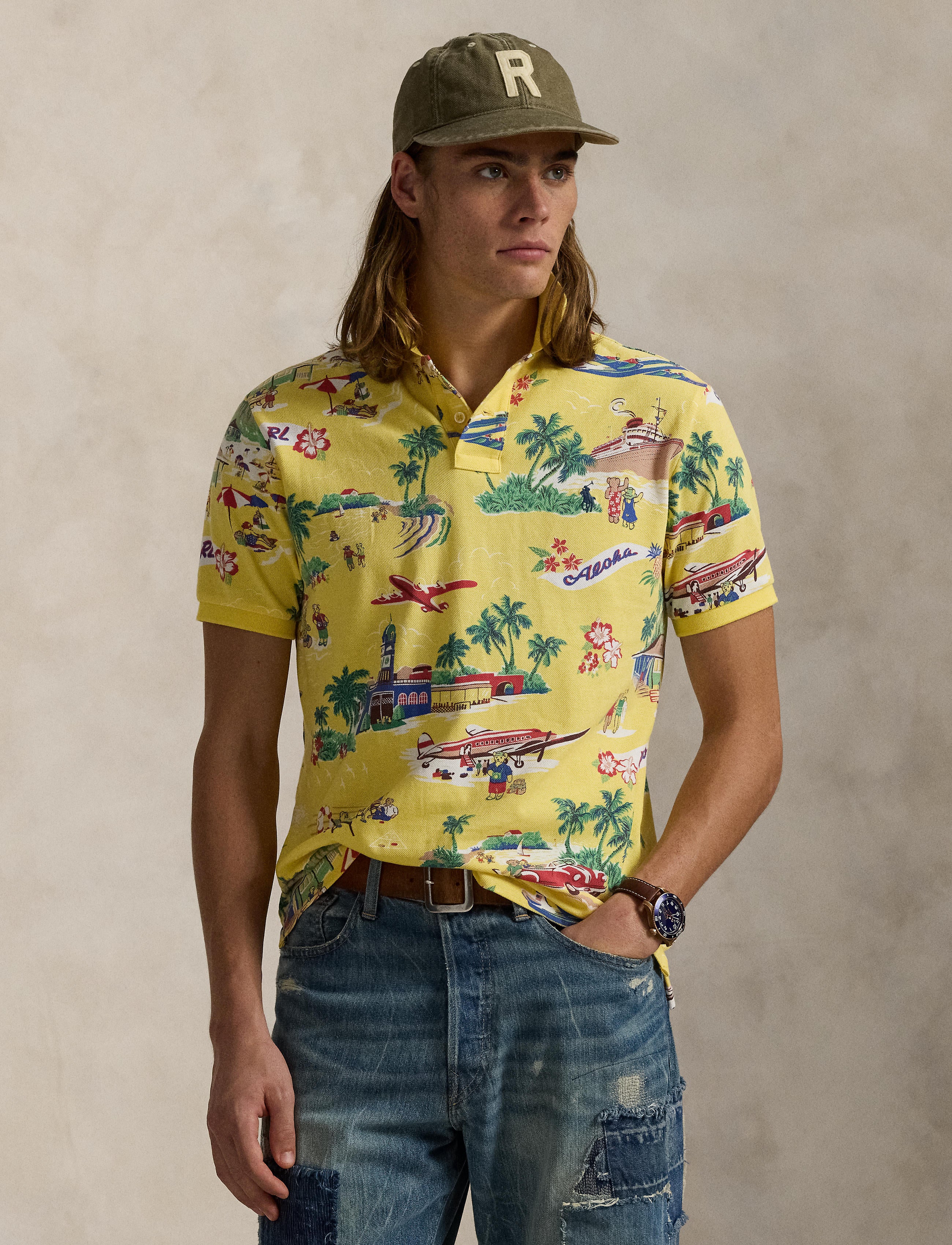 Men's Polo Ralph Lauren Classic Fit Polo Bear Mesh Polo Shirt Holiday Bear Yellow