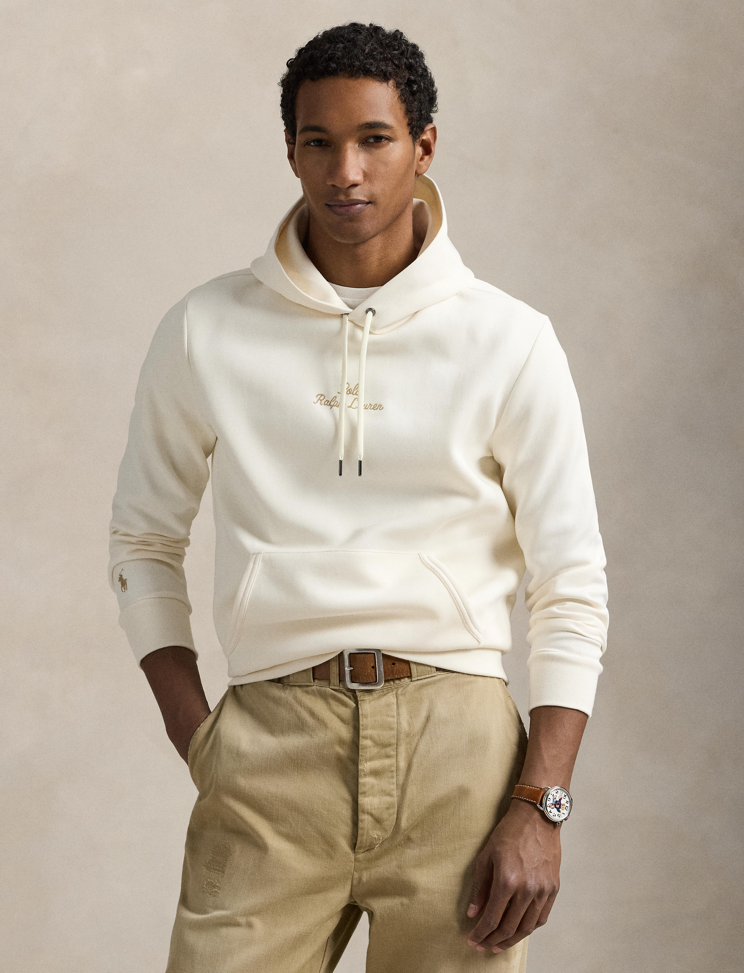 Men's Polo Ralph Lauren Logo Double-Knit Hoodie Pale Cream