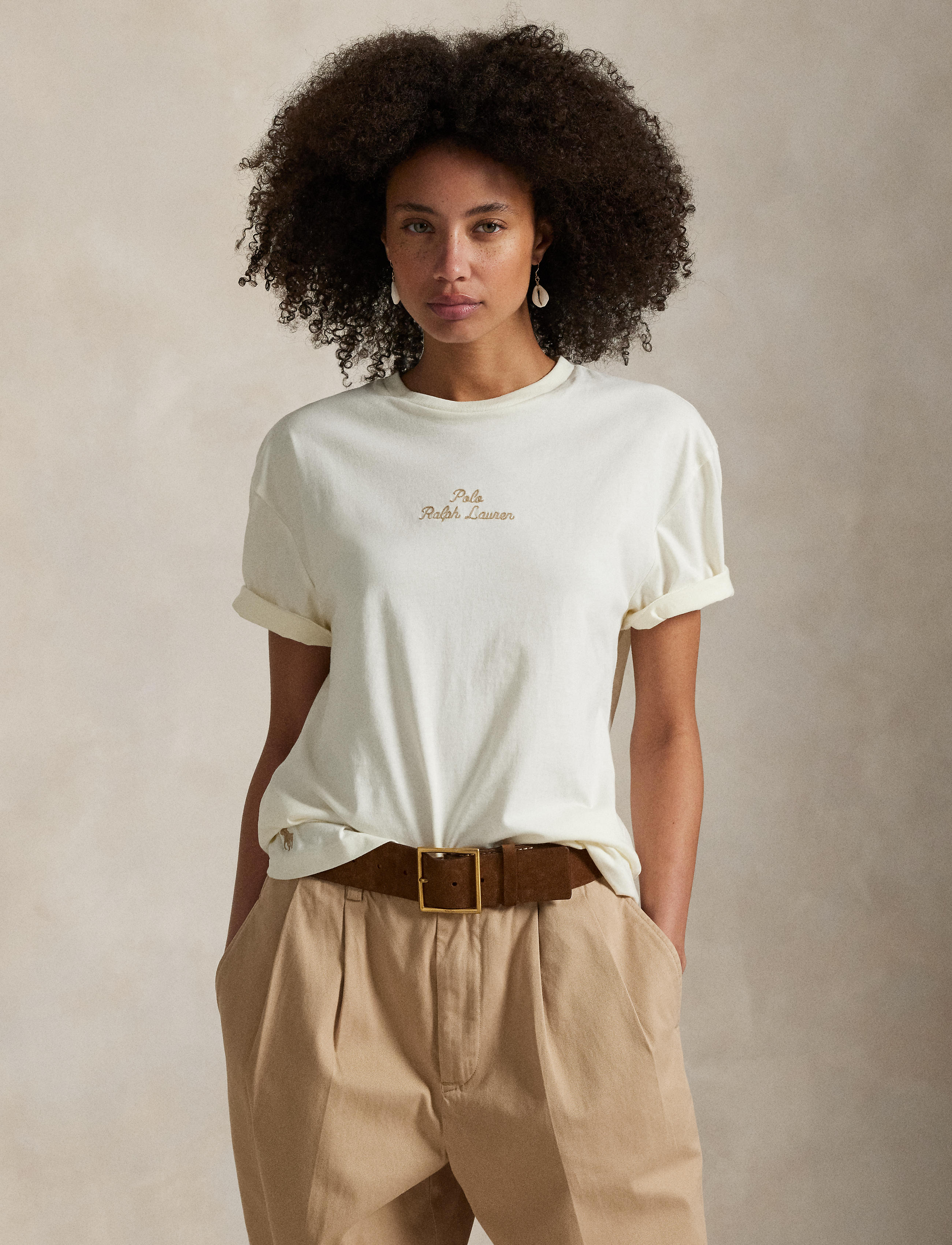 Unisex Polo Ralph Lauren Classic Fit Logo Jersey T-Shirt Pale Cream