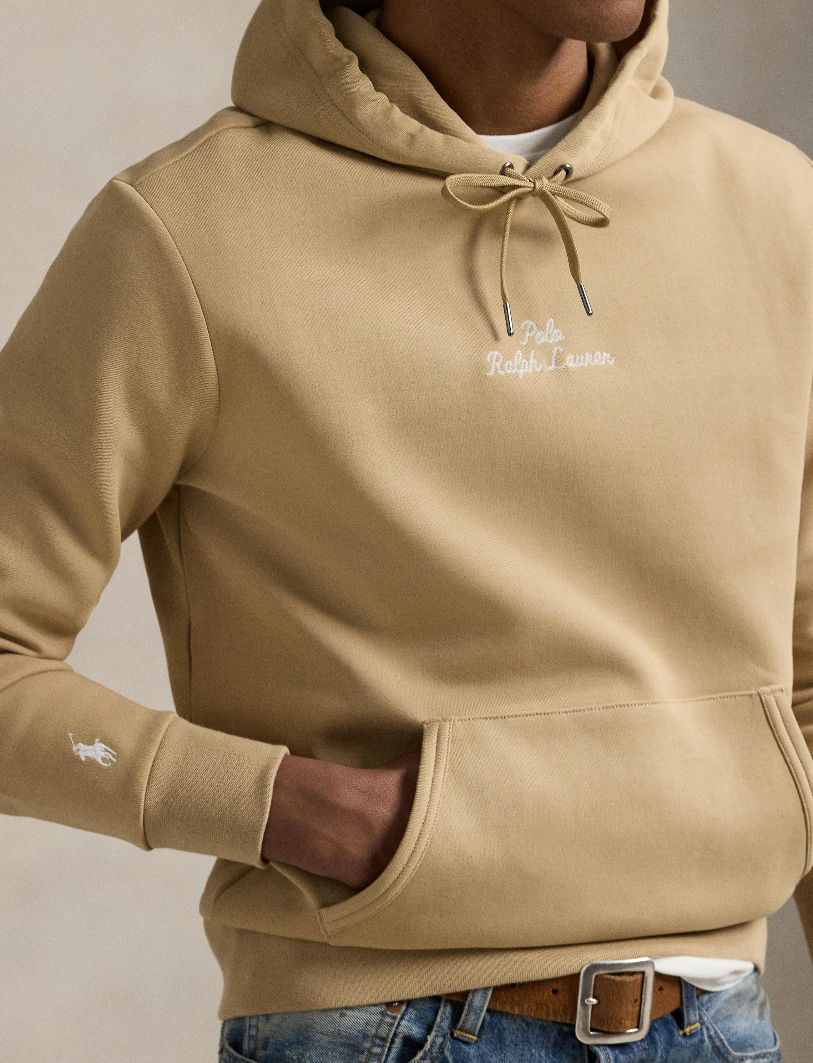 Men's Polo Ralph Lauren Logo Double-Knit Hoodie Vintage Khaki