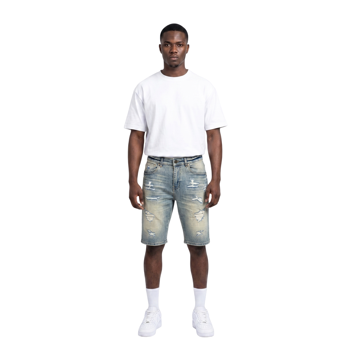 Men's Ripped Distressed Denim Jean Shorts | Light Vintage