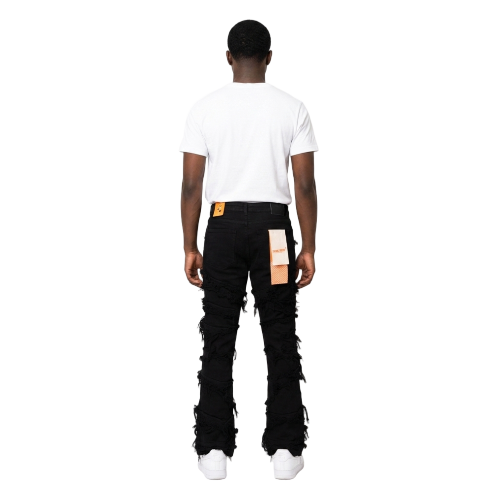 Men's TWO MILL TWENTY Frayed Slashed Boot Cut Jeans Jet Black