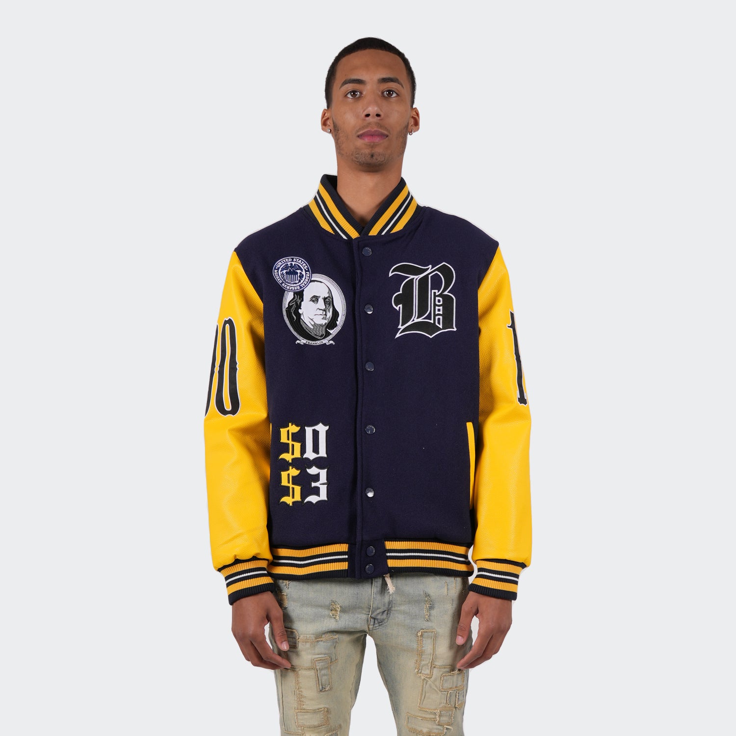 Men's TWO MILL TWENTY Blessed Money Varsity Bomber Jacket Navy