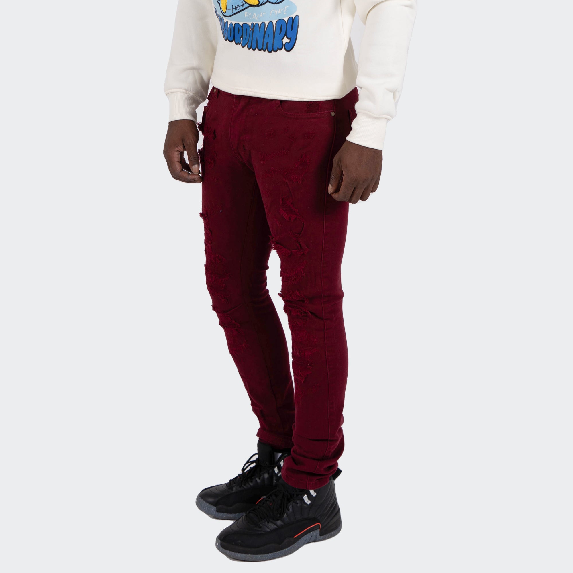 Men's TWO MILL TWENTY "LaSalle" Slim Skinny Ripped Torn Stitched Patched Urban Streetwear Designer Denim Jeans Burgundy