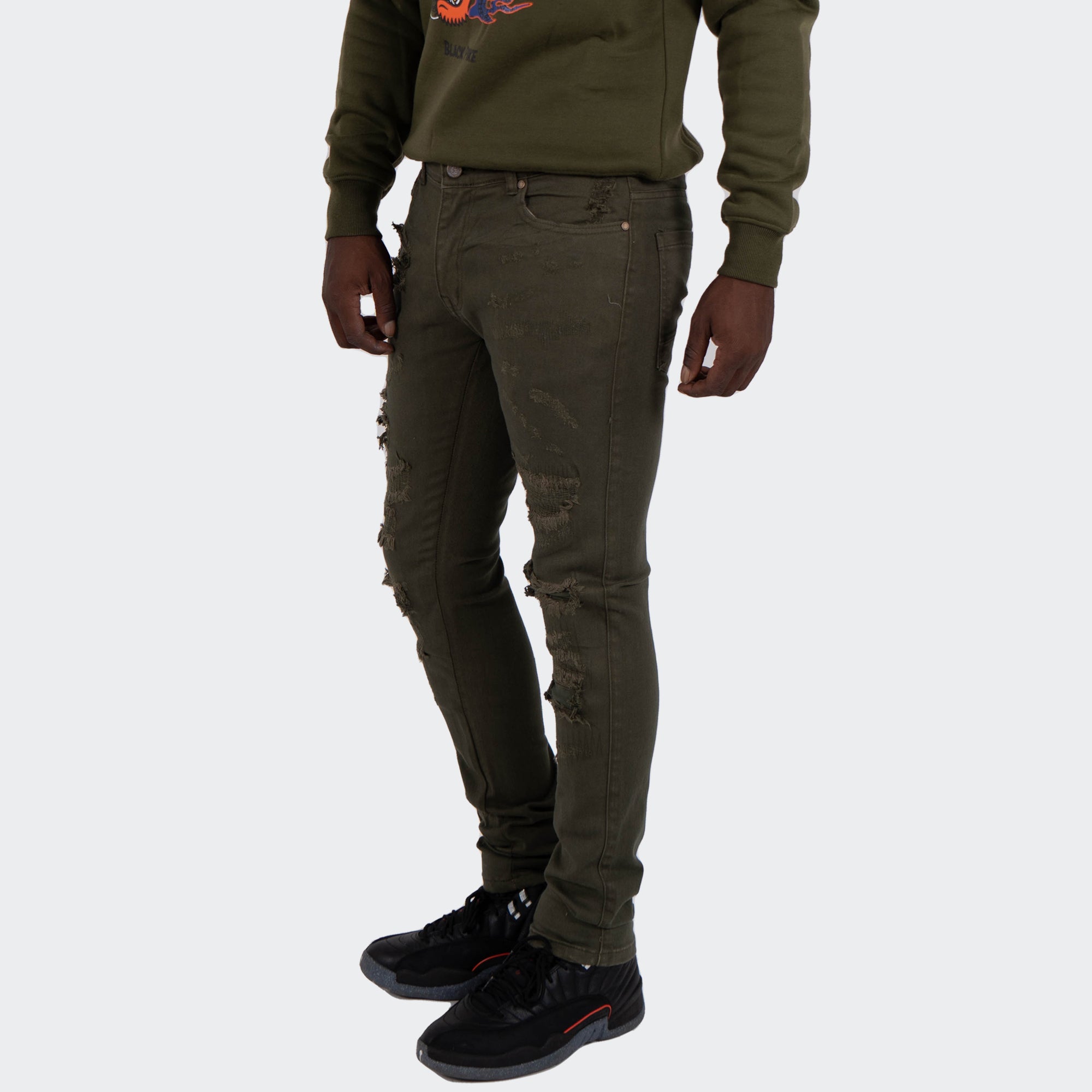 Men's TWO MILL TWENTY "Ogden" Slim Skinny Ripped Torn Stitched Patched Urban Streetwear Designer Denim Jeans Olive