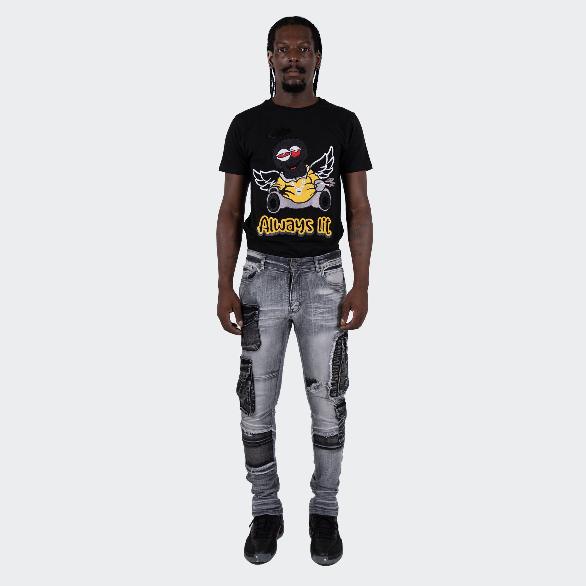Men's TWO MILL TWENTY "Winchester" Slim Skinny Acid Wash Cargo Pocket Urban Streetwear Designer Denim Jeans Grey Acid