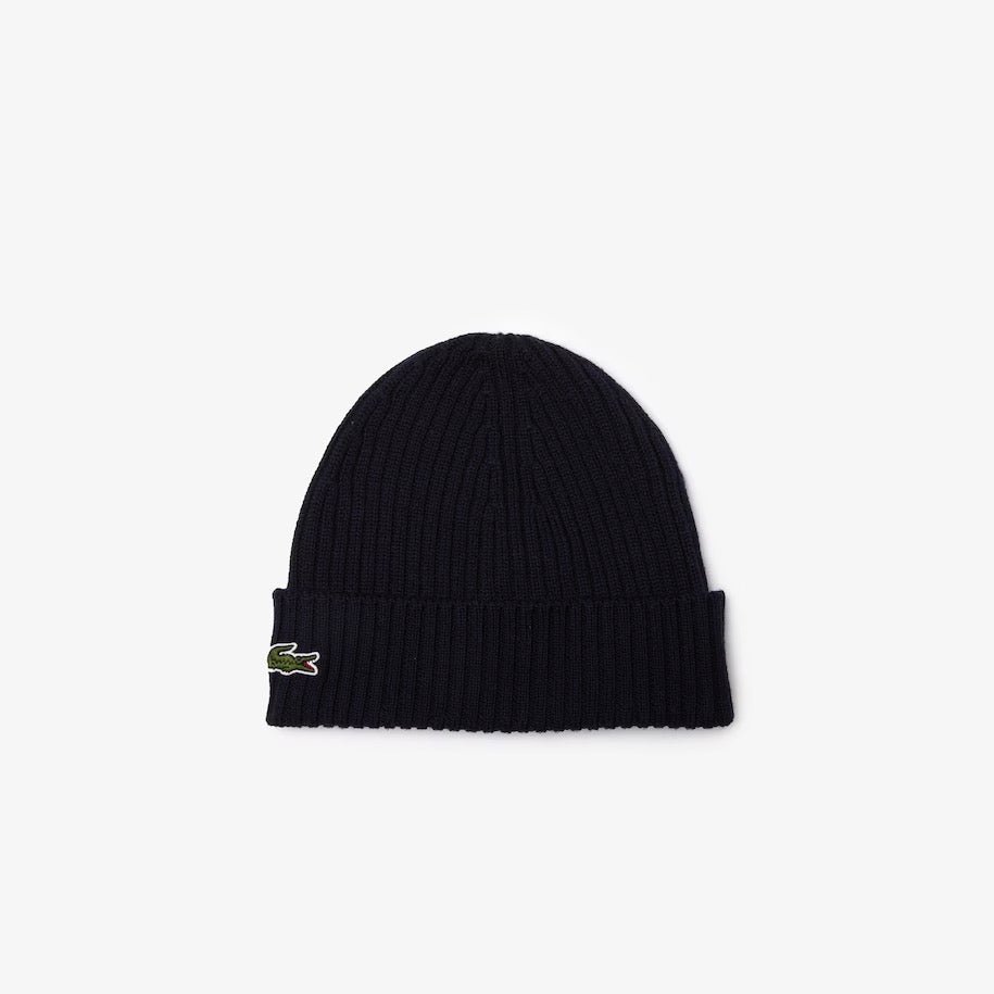 Unisex Lacoste Ribbed Wool Beanie Navy Blue