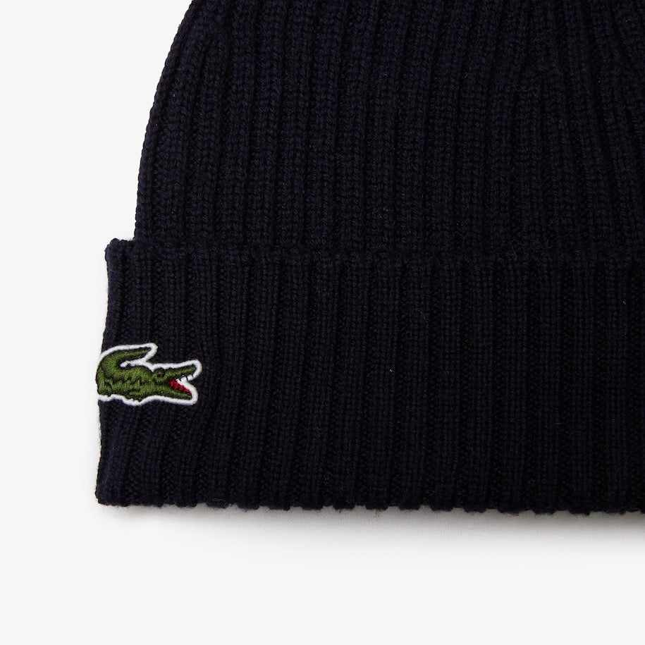 Unisex Lacoste Ribbed Wool Beanie Navy Blue