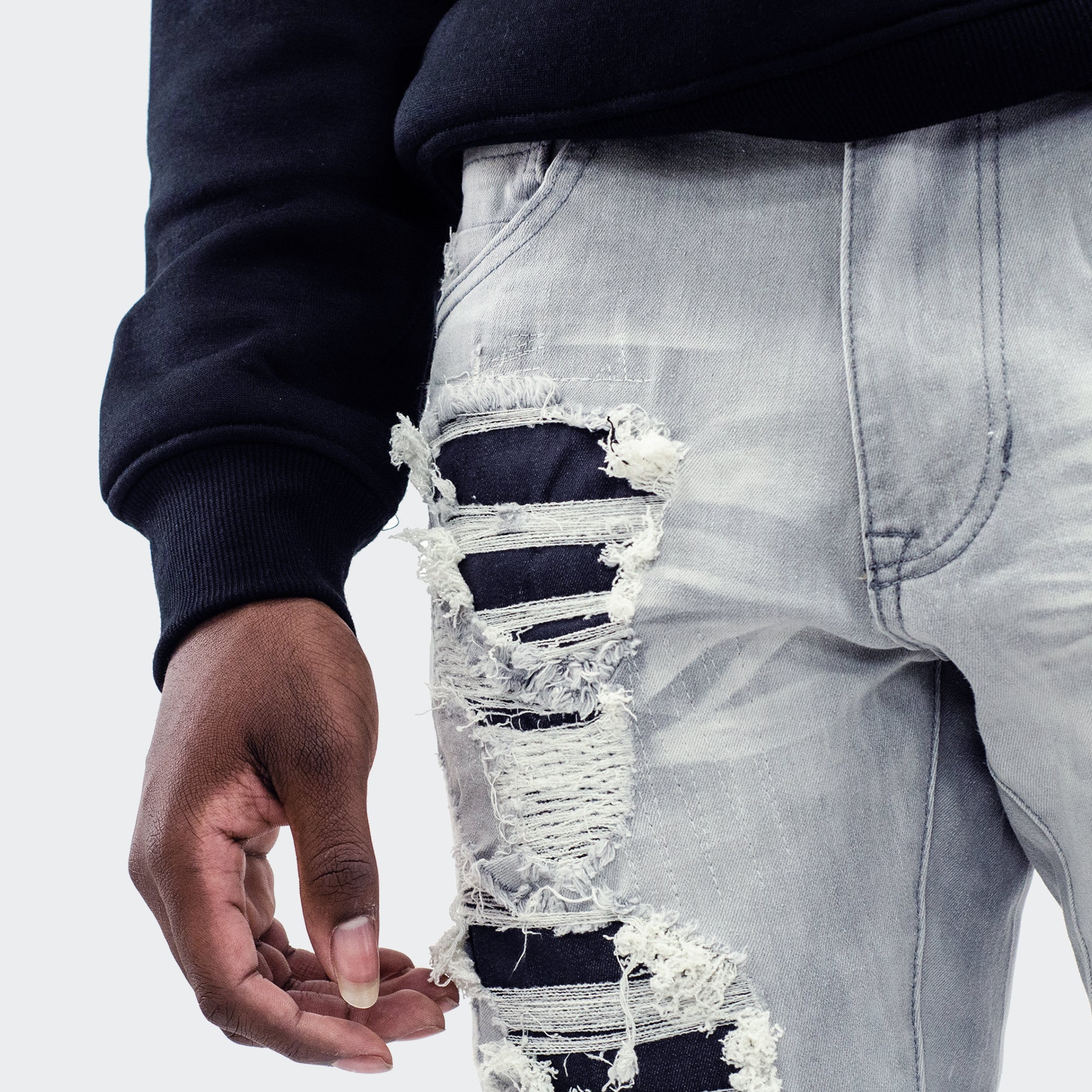 Men's TWO MILL TWENTY "Ballard" Two Tone Rip & Repair Skinny Fit Denim Moto Jeans Grey