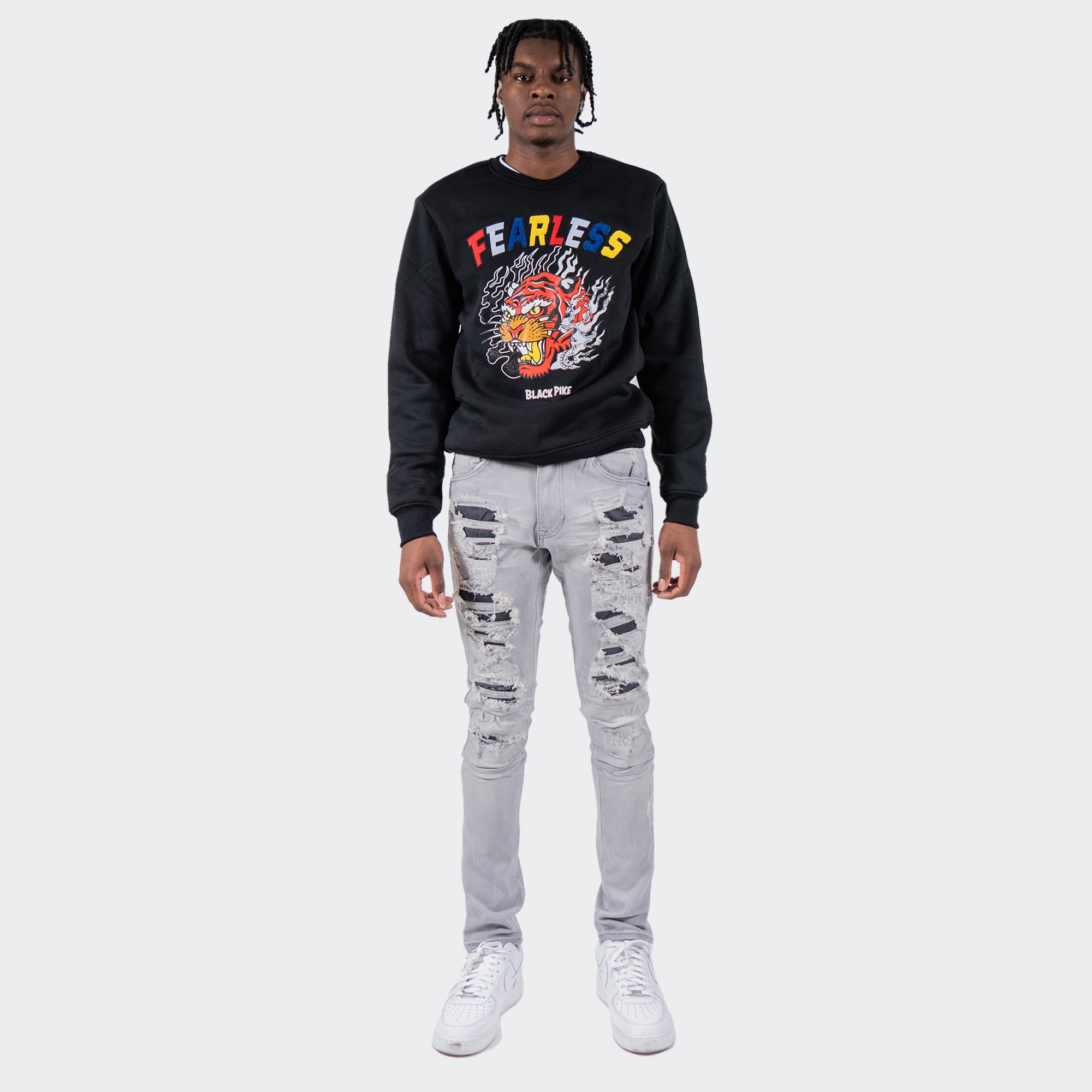 Men's TWO MILL TWENTY "Ballard" Two Tone Rip & Repair Skinny Fit Denim Moto Jeans Grey