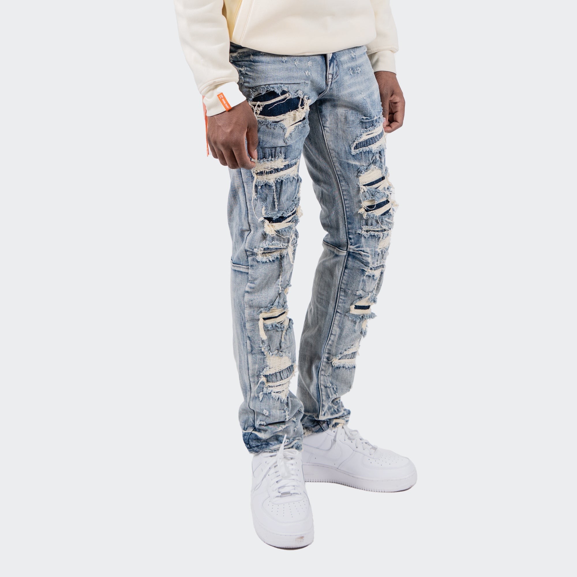 Men's TWO MILL TWENTY "Wrigley" Rip Torn Destroyed Skinny Denim Jeans Aspen Blue