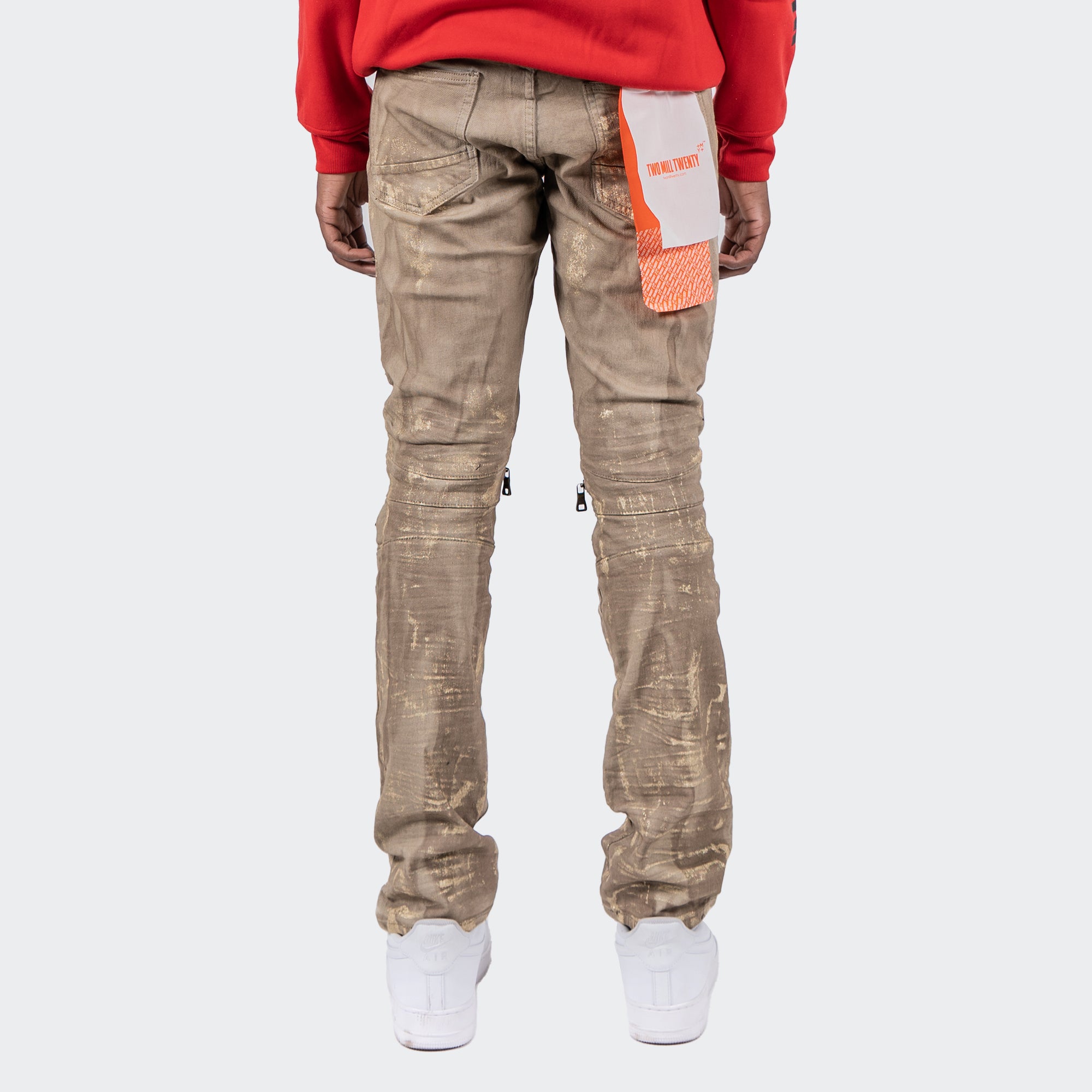 Men's TWO MILL TWENTY "Cicero" Distressed Paint Splatter Zip Knee Slim Fit Urban Moto Denim Jeans Hazelnut