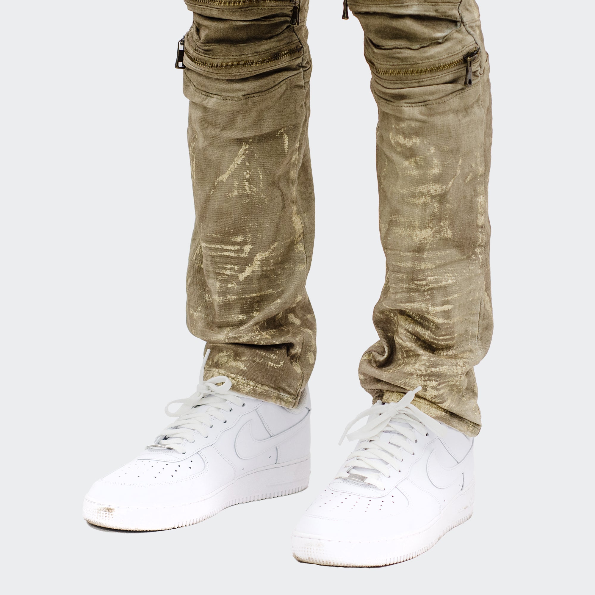 Men's TWO MILL TWENTY "Cicero" Distressed Paint Splatter Zip Knee Slim Fit Urban Moto Denim Jeans Hazelnut