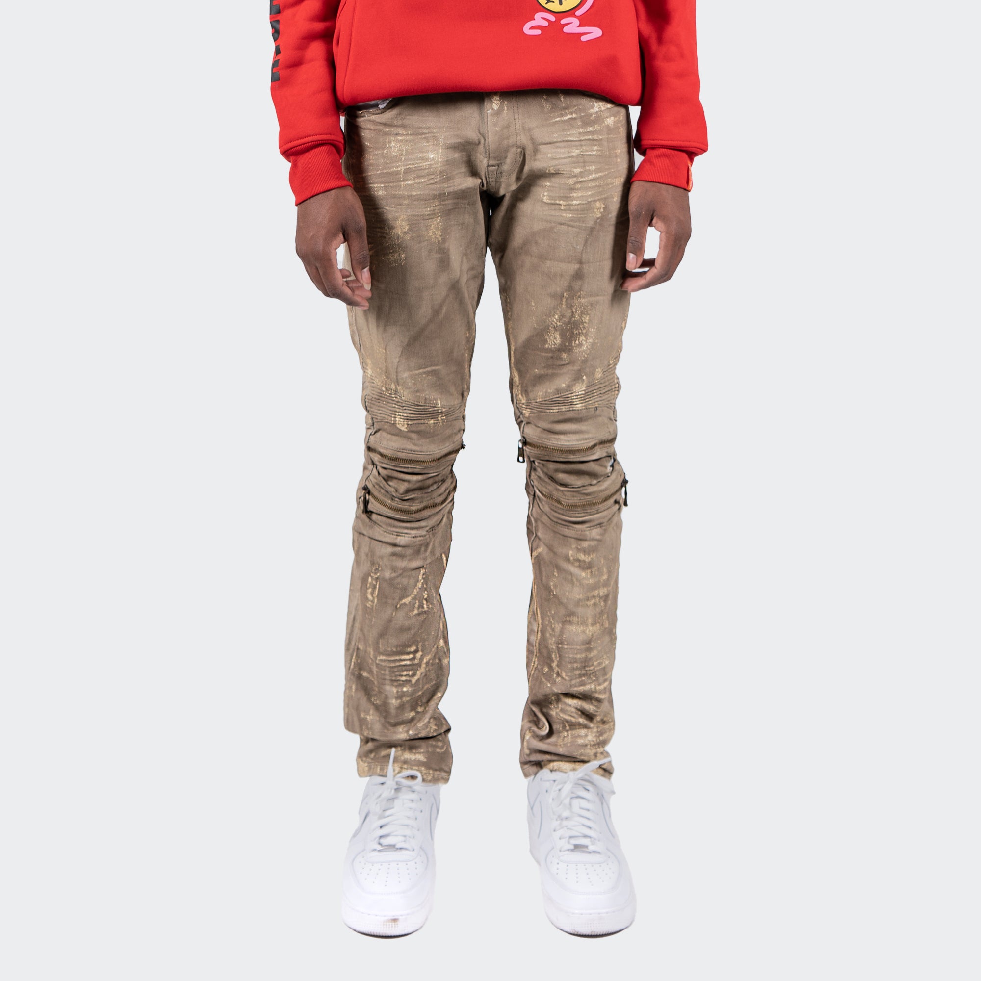 Men's TWO MILL TWENTY "Cicero" Distressed Paint Splatter Zip Knee Slim Fit Urban Moto Denim Jeans Hazelnut