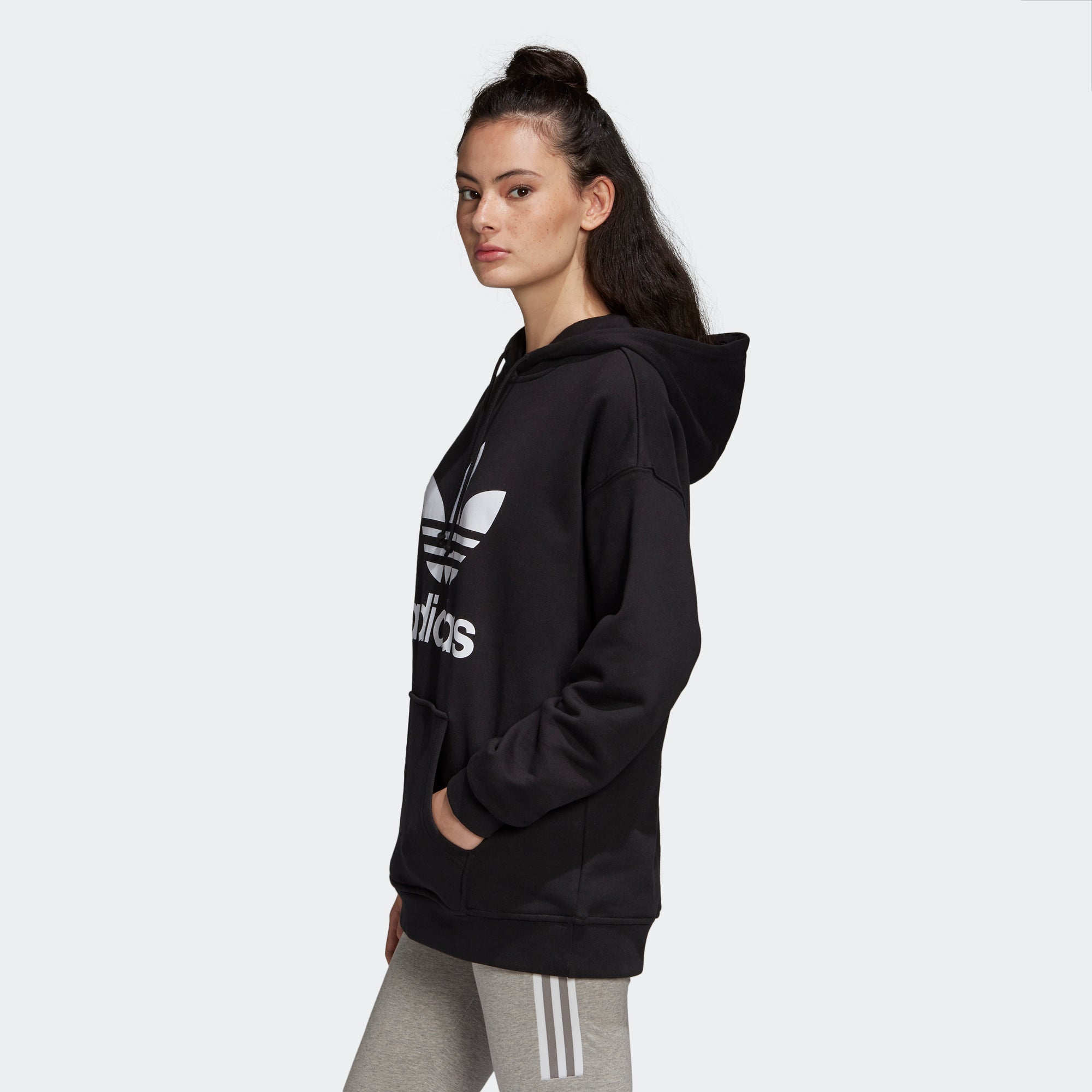 Women's adidas Originals Adicolor Trefoil Hoodie Black (SKU FM3307) | Chicago City Sports | side view on model