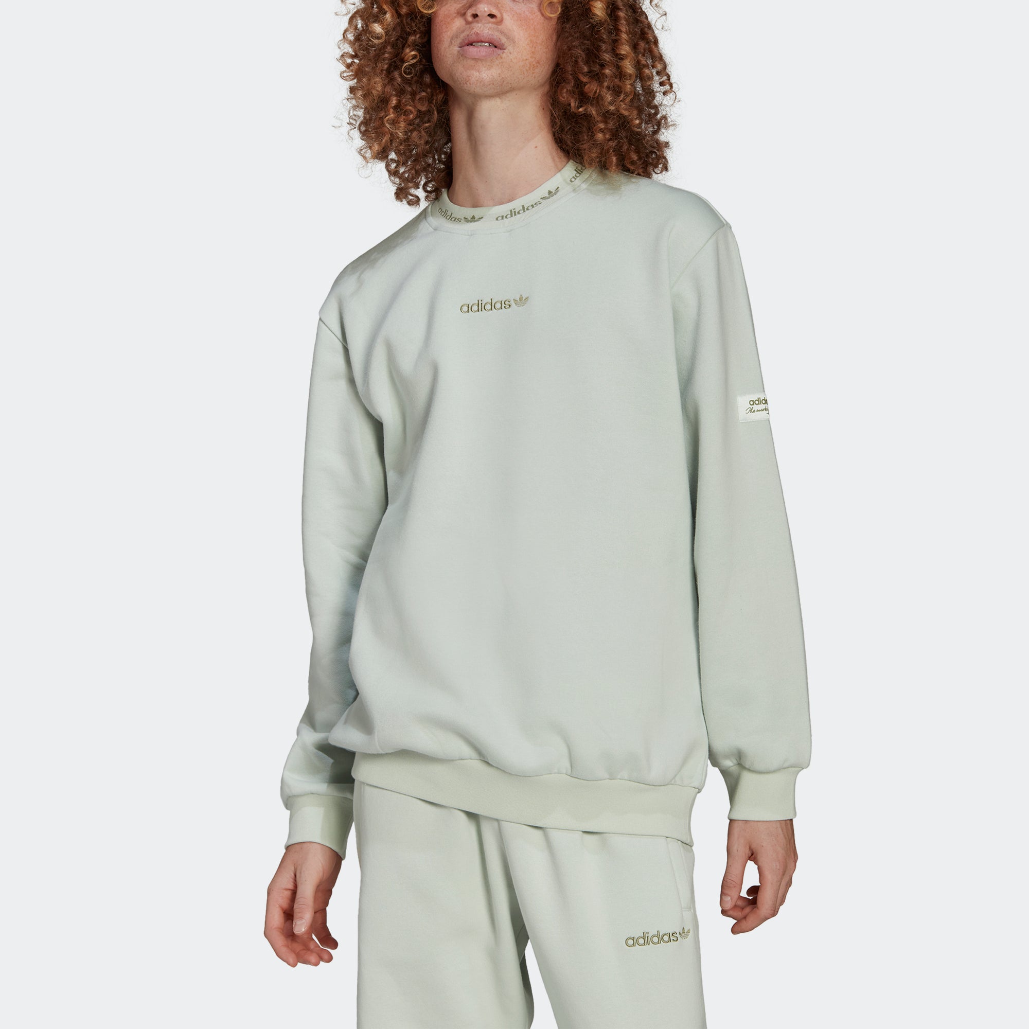 Men's adidas Originals Trefoil Linear Crew Sweatshirt Linen Green