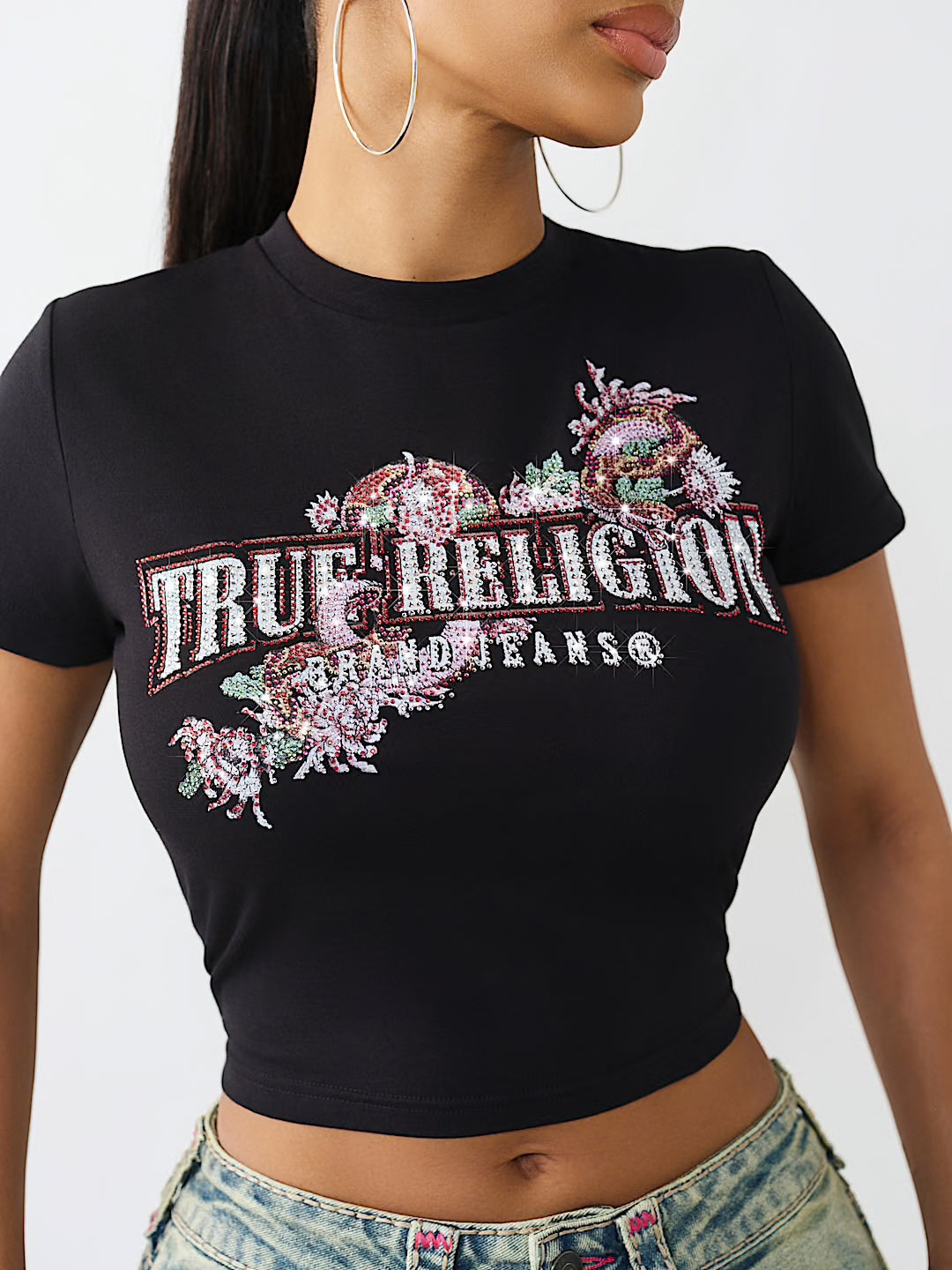 Women's True Religion Crystal Snake Baby Tee Black