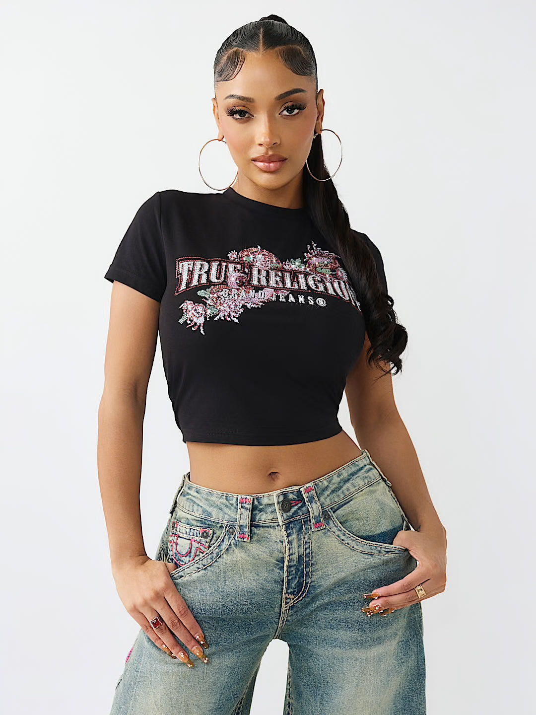 Women's True Religion Crystal Snake Baby Tee Black