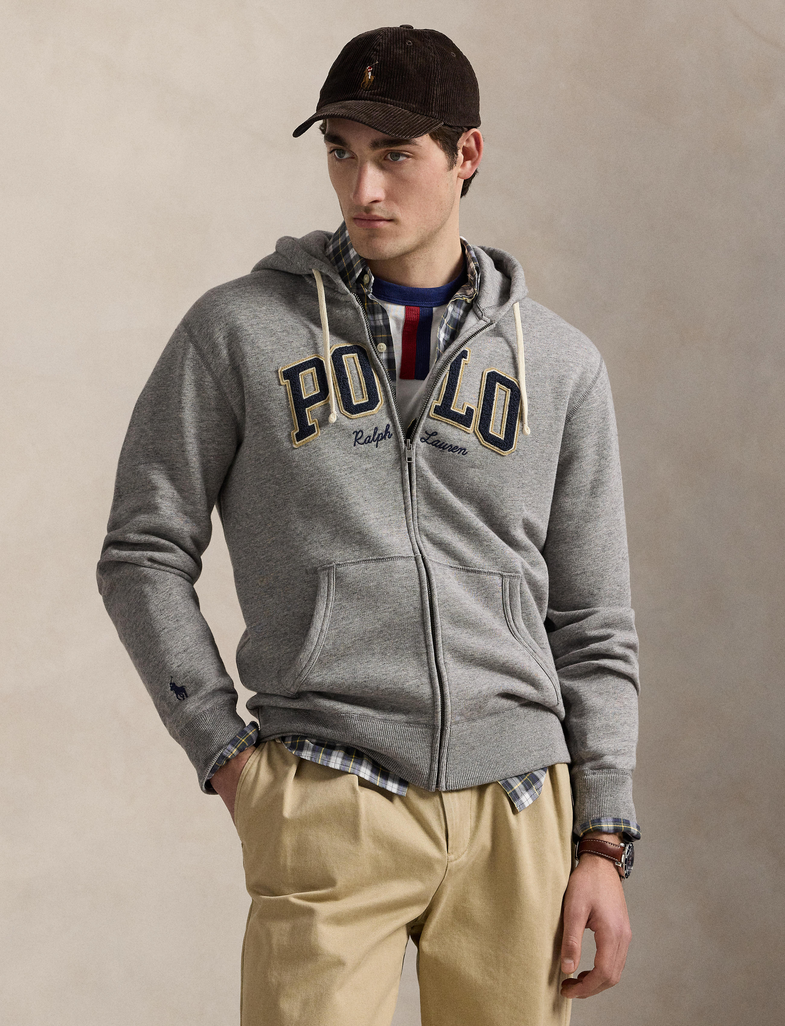 Men's Polo Ralph Lauren Logo Fleece Full Zip Hoodie Dark Vintage Heather