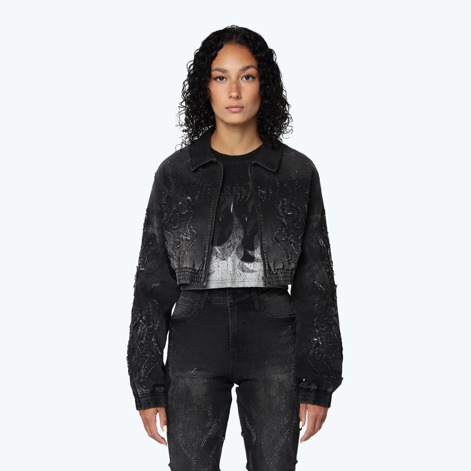 Women's Smoke Rise Denim Cropped Bomber Jacket Derby Black