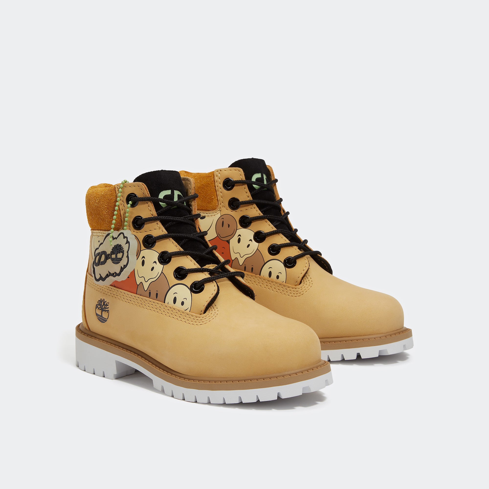 Big Kid Timberland Premium 6-Inch Waterproof Boots Wheat Happy Face Print