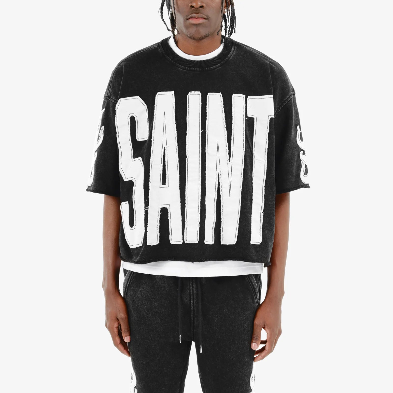 Men's Copper Rivet Cropped Saint Short Sleeve T-Shirt Black