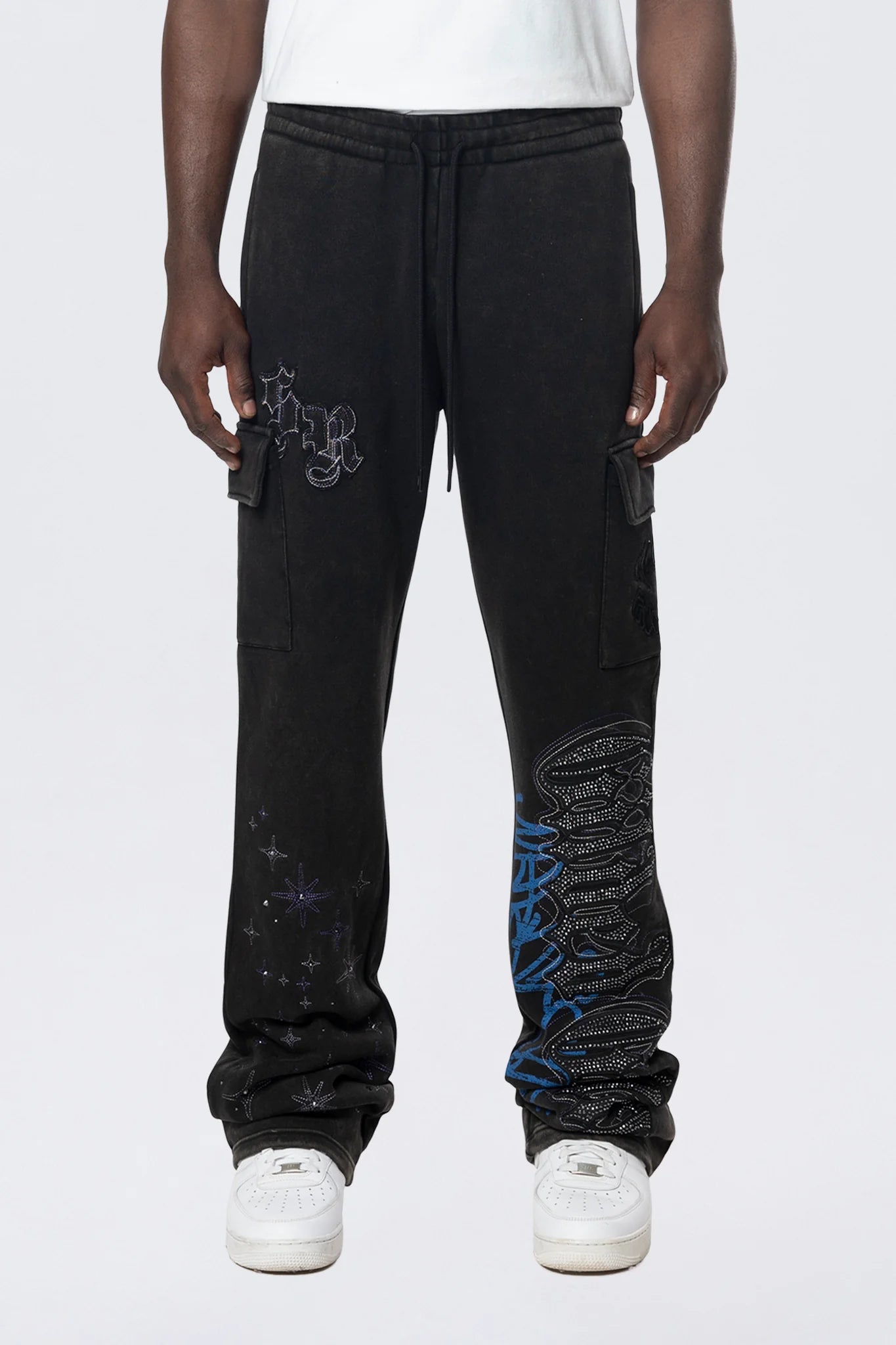 Men's Smoke Rise Stacked Rhinestone Dystopia Fleece Pants Black