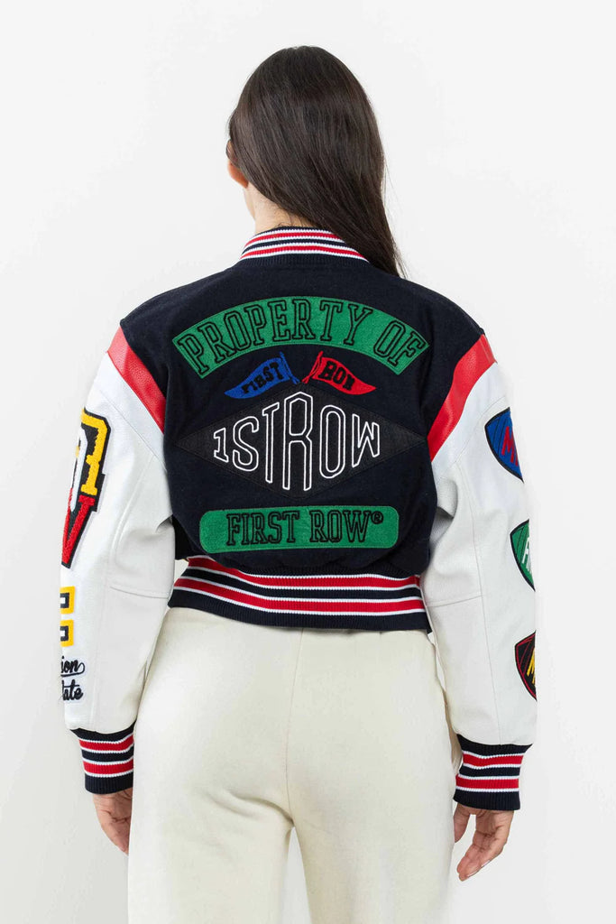 Women's First Row Championship Winner Cropped Varsity Jacket Navy