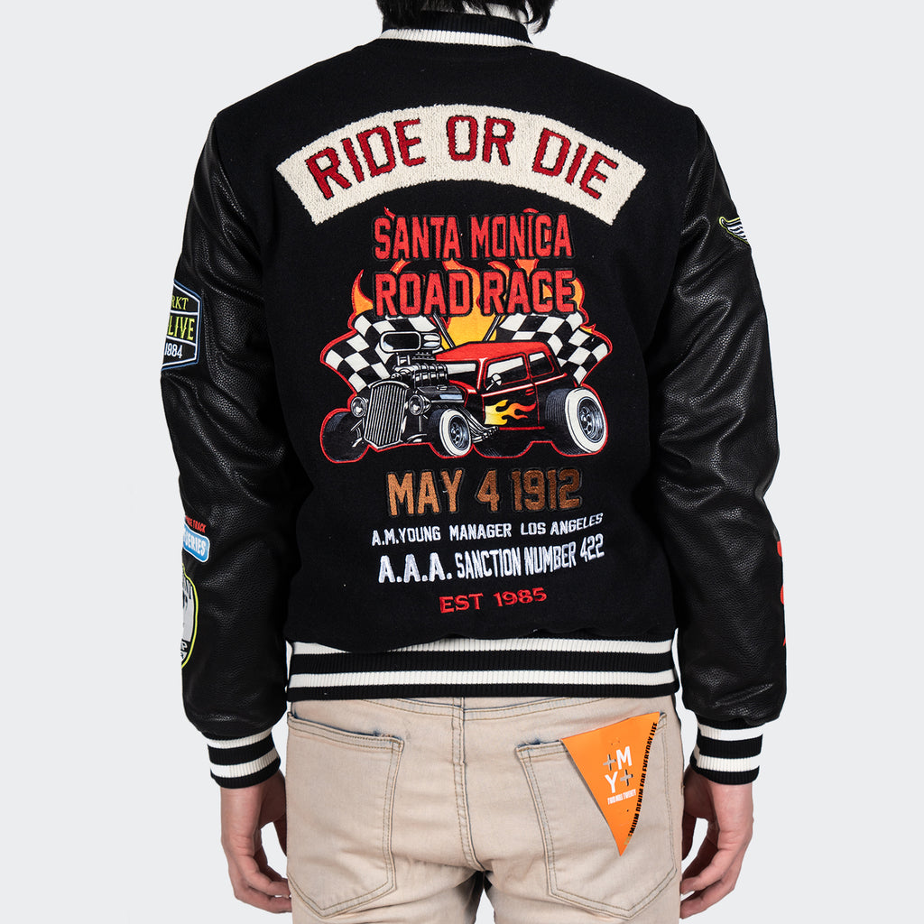 Men's TWO MILL TWENTY Ride or Die Road Race Varsity Letterman Jacket Black