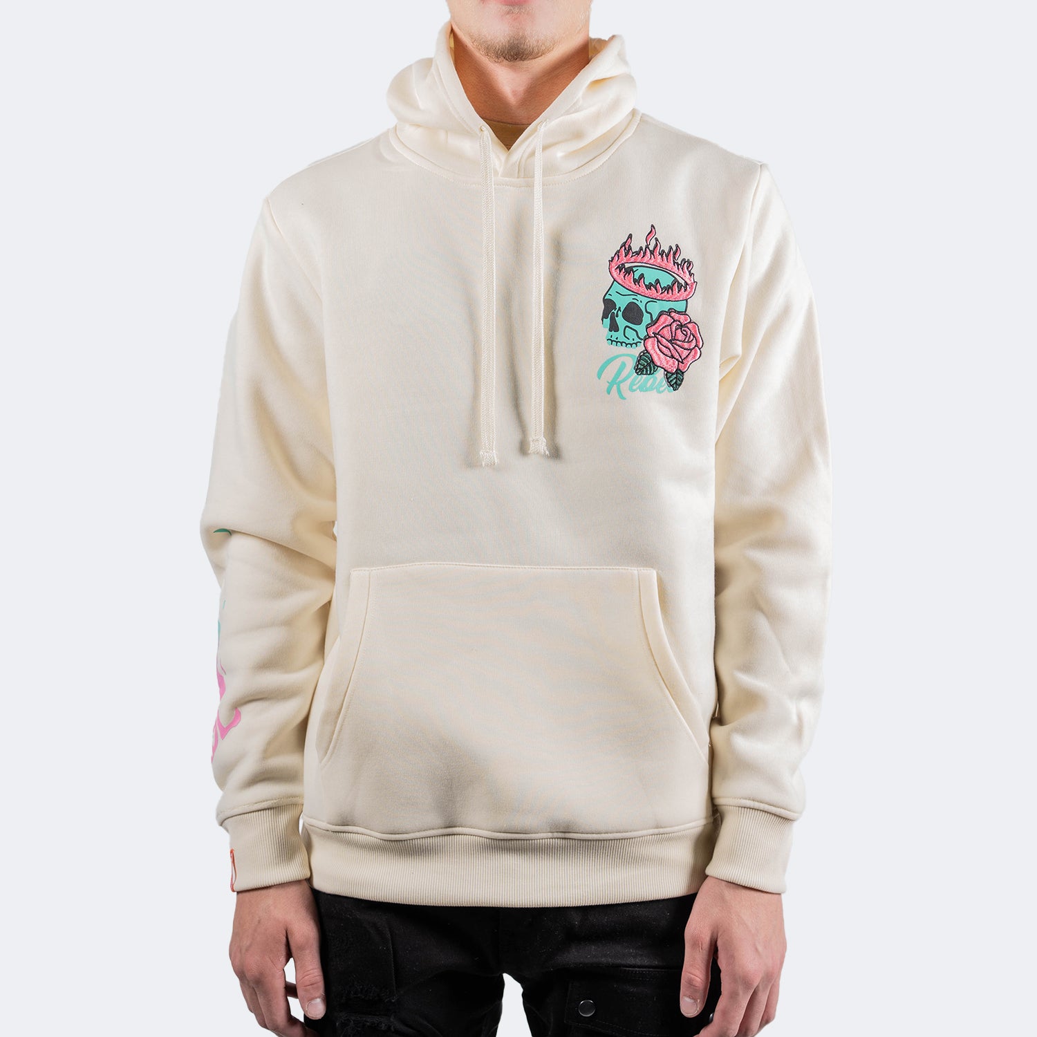 Men's TWO MILL TWENTY Flaming Skull Rose Hoodie Cream