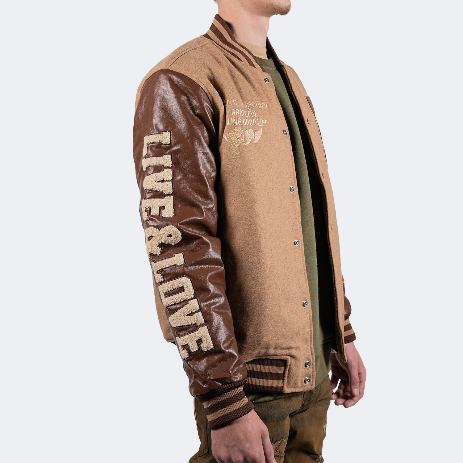 Men's TWO MILL TWENTY Live & Love Varsity Bomber Jacket Caramel