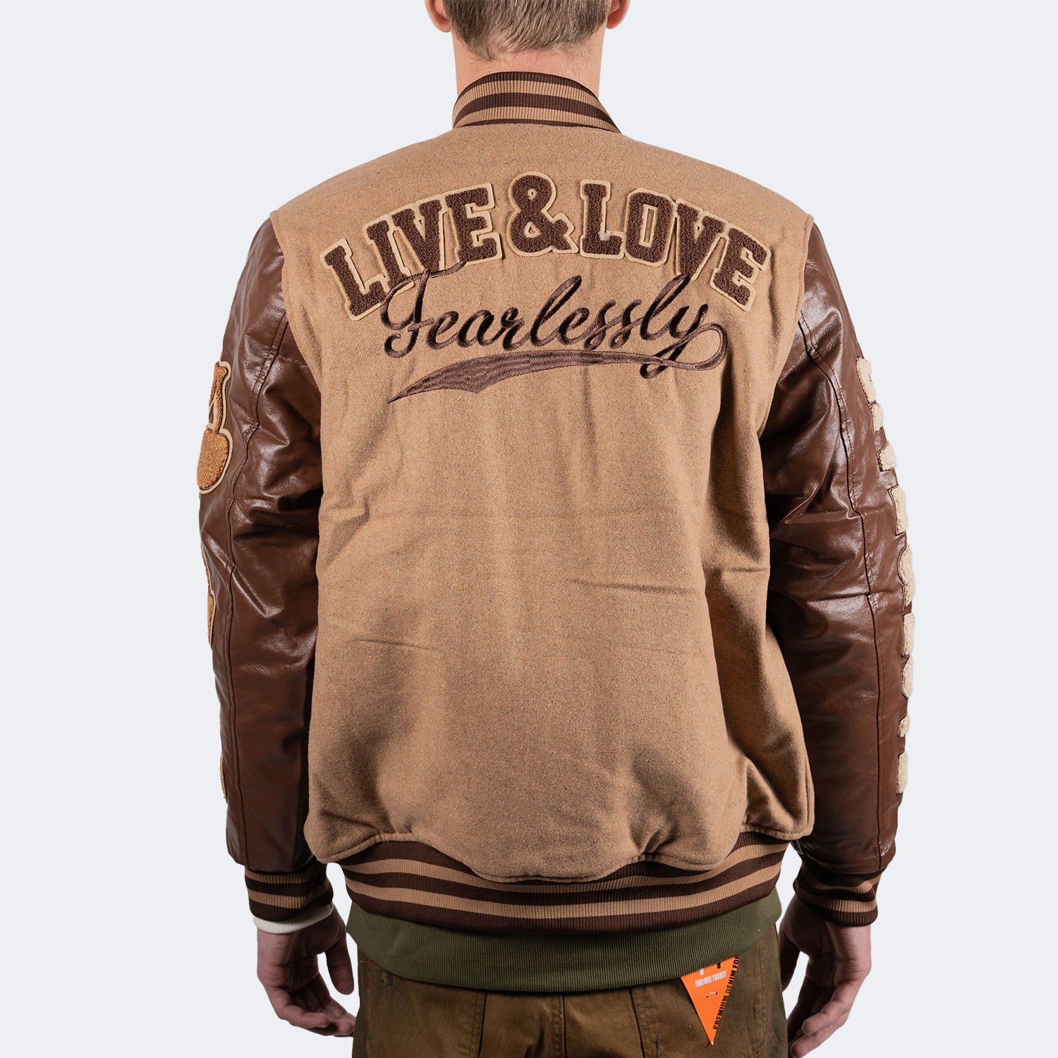 Men's TWO MILL TWENTY Live & Love Varsity Bomber Jacket Caramel