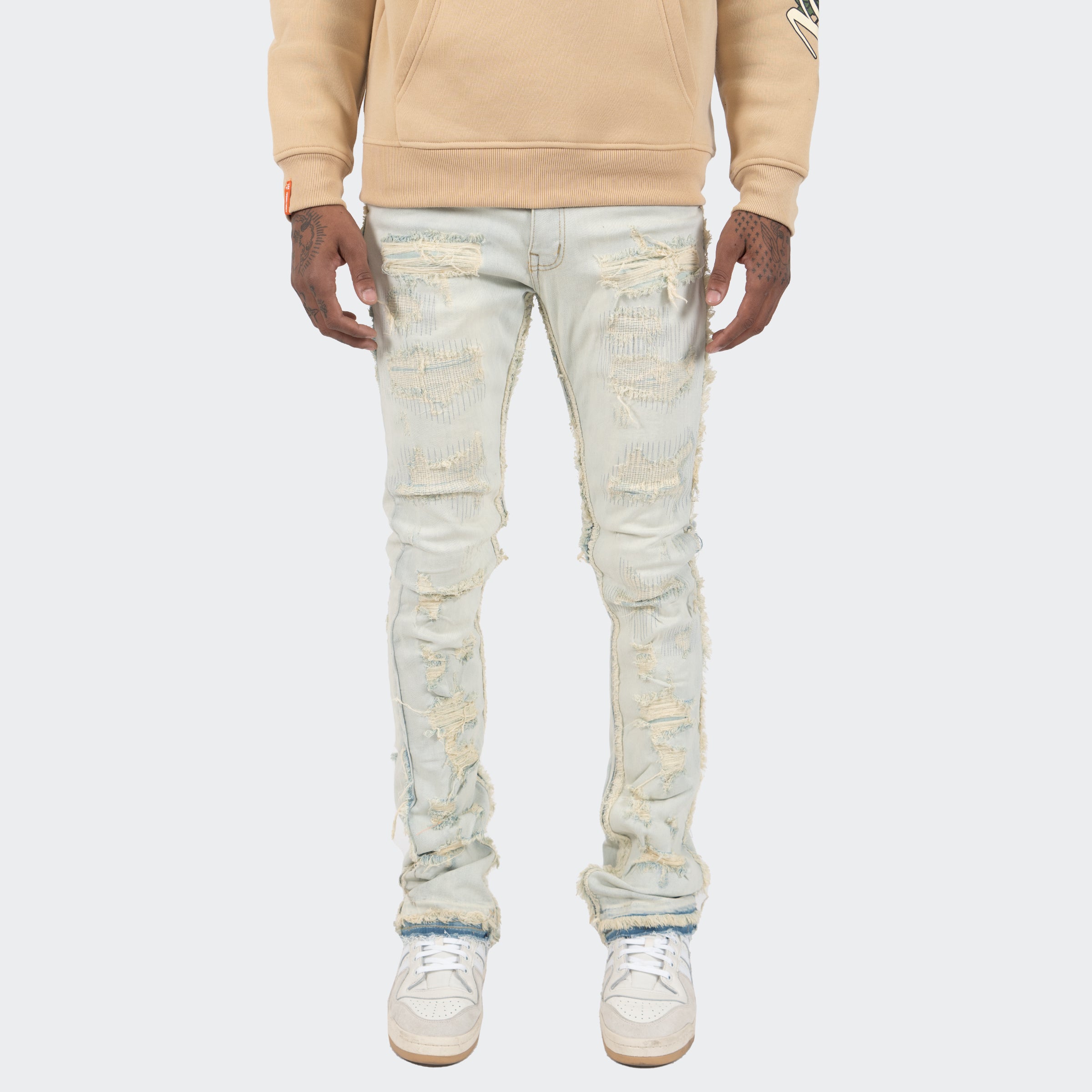 Men's TWO MILL TWENTY Avondale Frayed Stacked Skinny Flare Leg Jeans Light Vintage